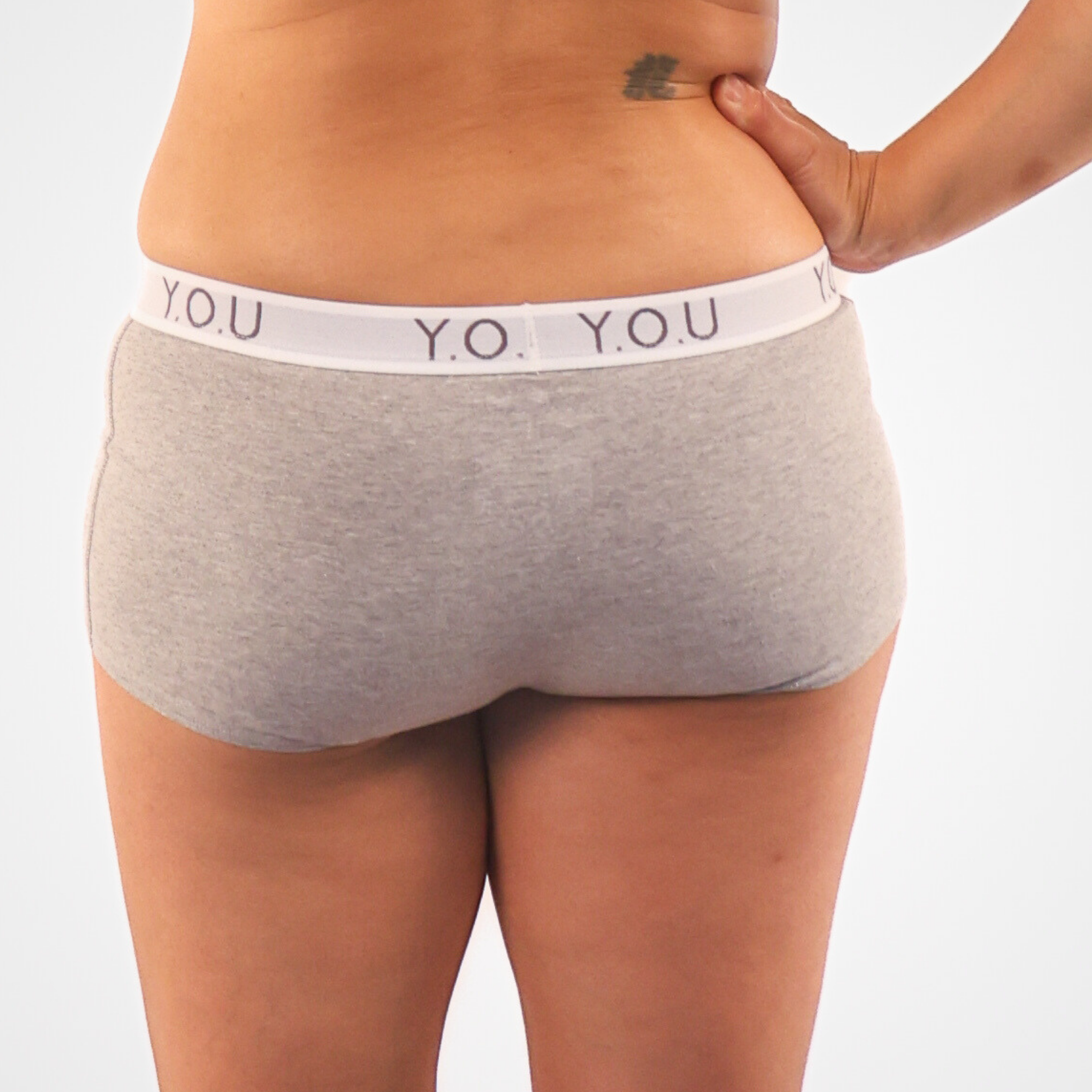 Women’s organic cotton boy shorts with Y.O.U elastic in light grey (heather grey)