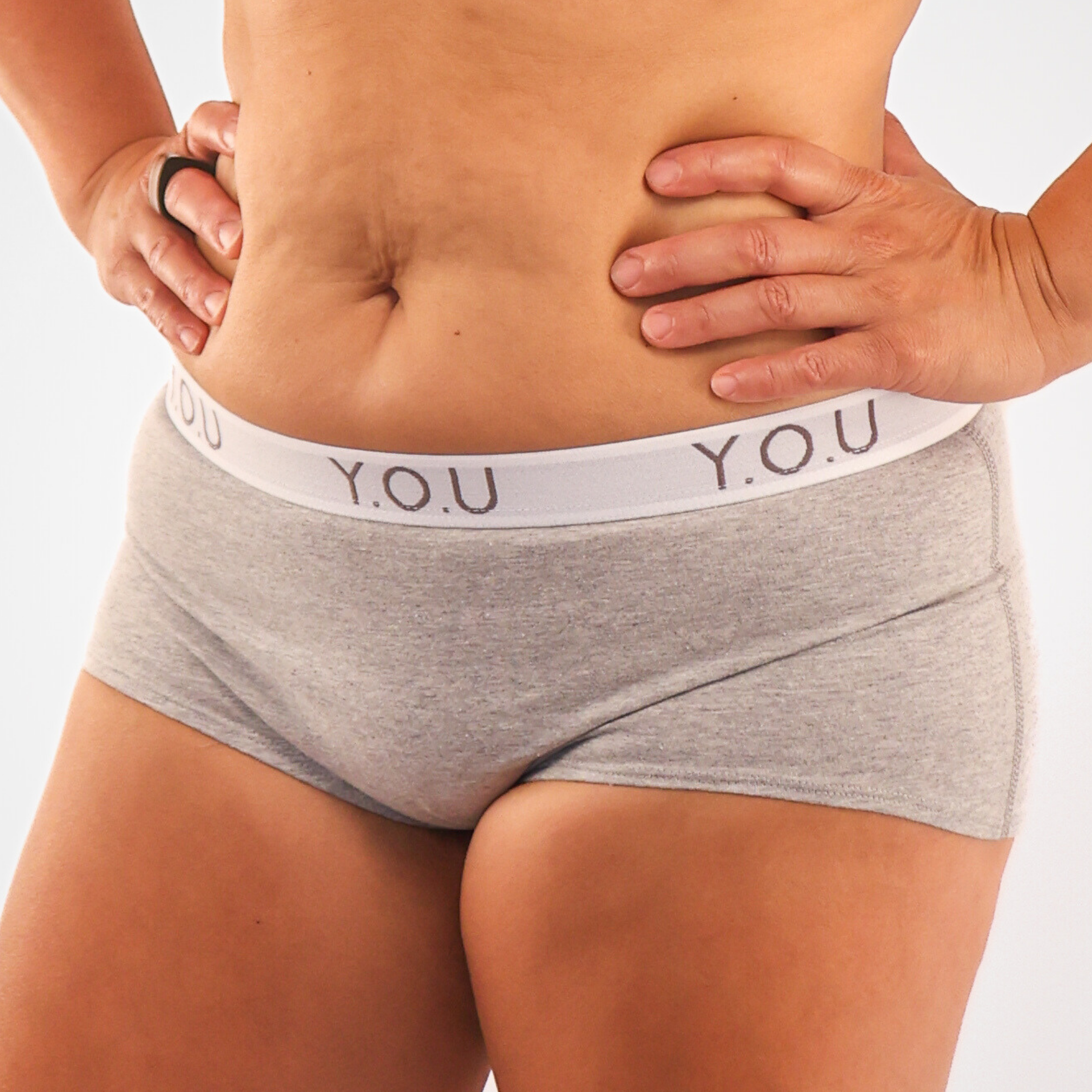 Women’s organic cotton boy shorts with Y.O.U elastic in light grey (heather grey)