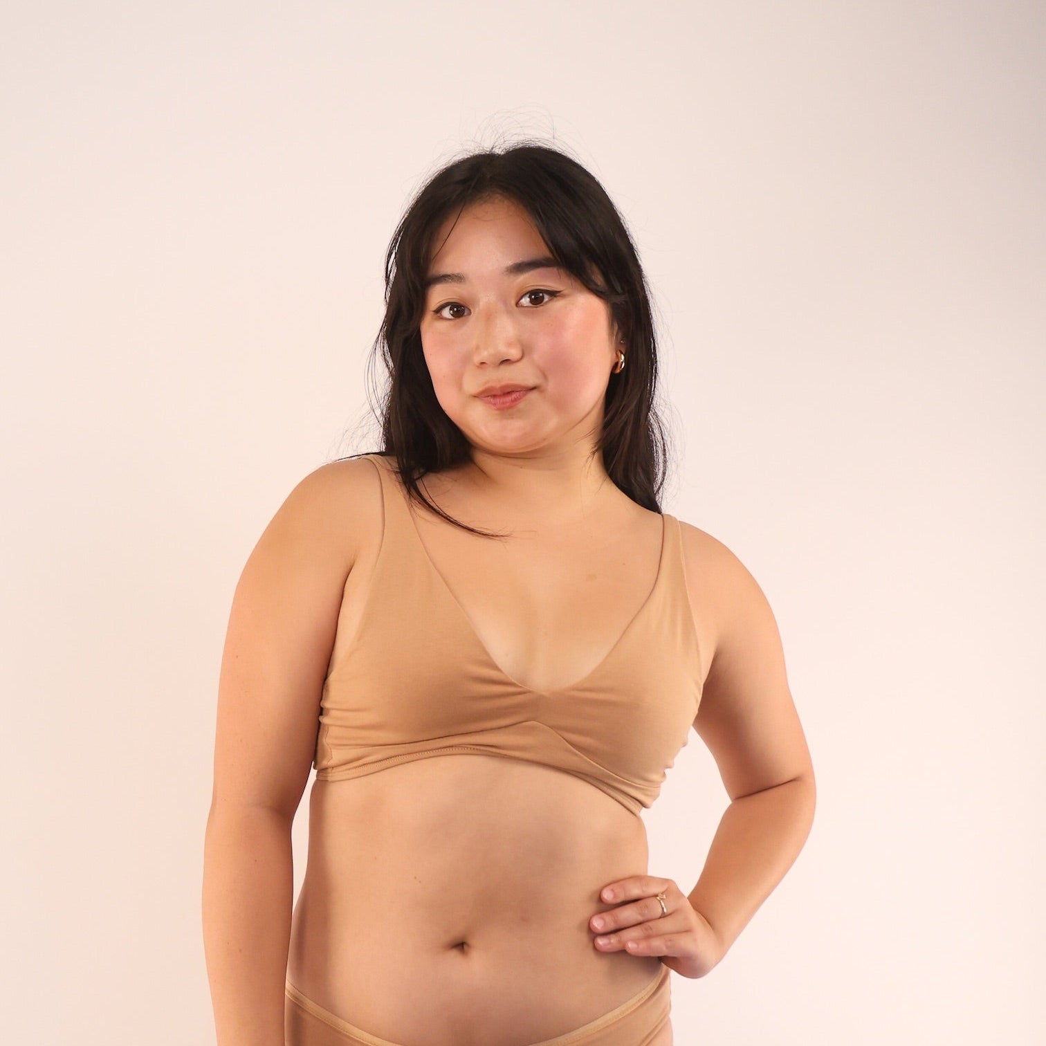 Model wearing an organic cotton almond bralette - You Underwear