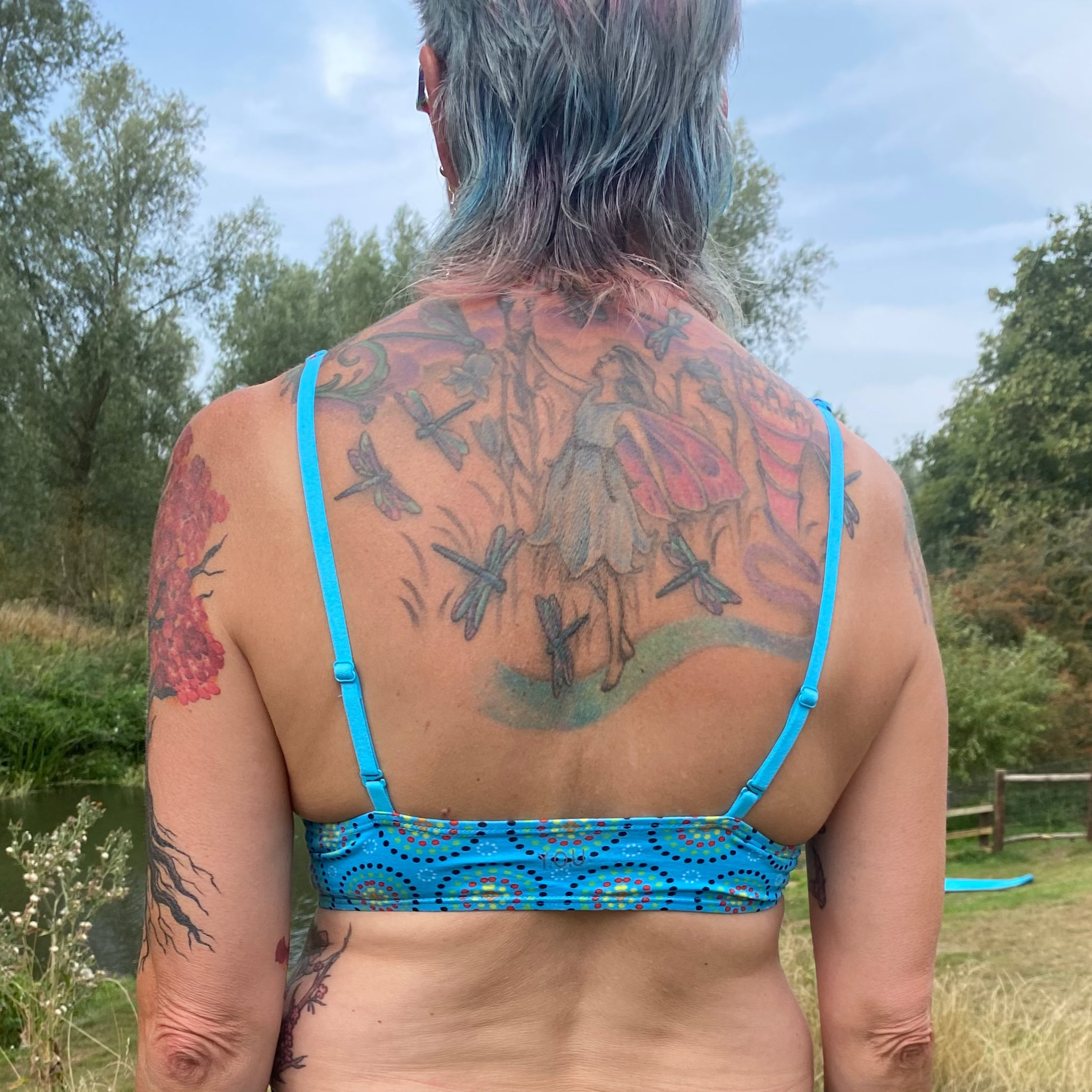 Model wearing an organic cotton blue mara bralette - You Underwear