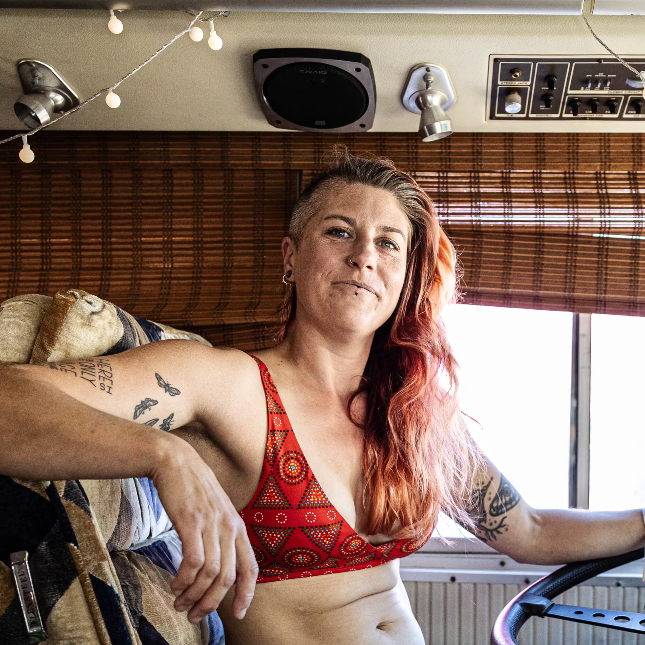 model wearing an organic cotton bralette in red mara - You underwear