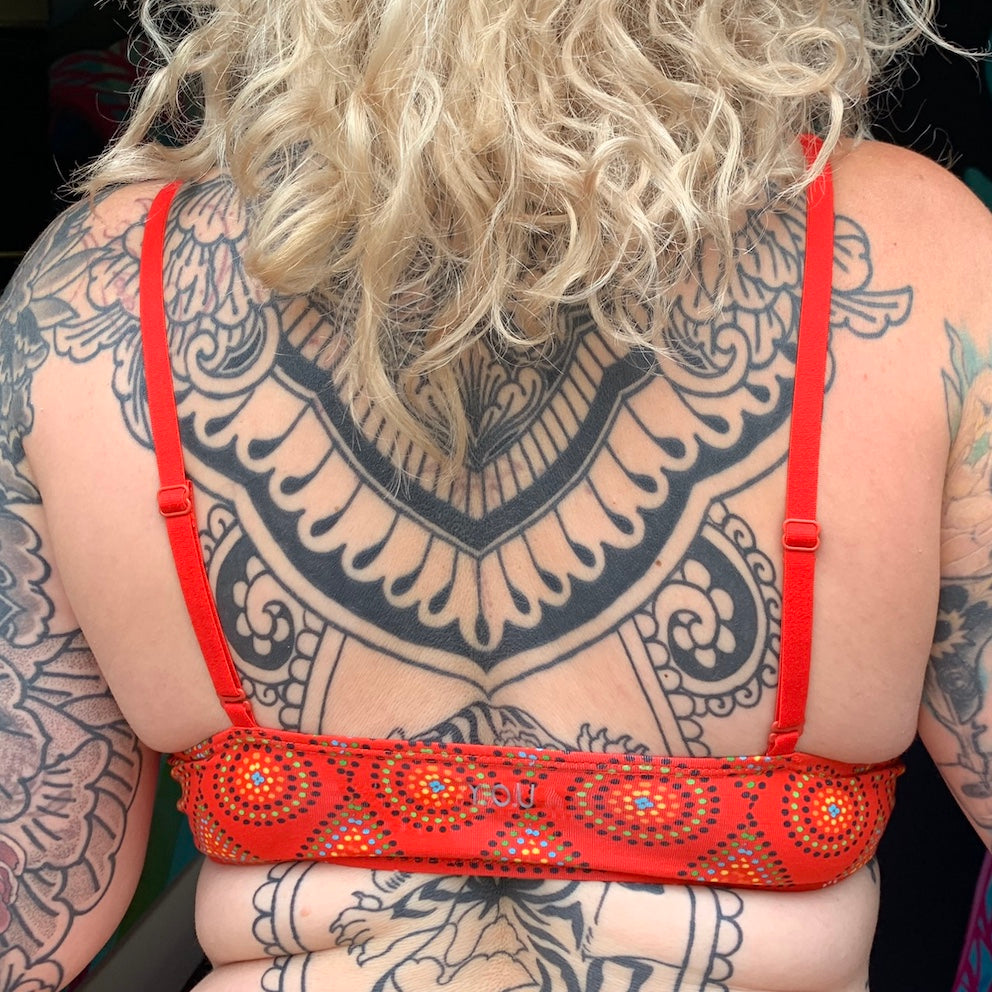 Model wearing an organic cotton red mara bralette - You Underwear