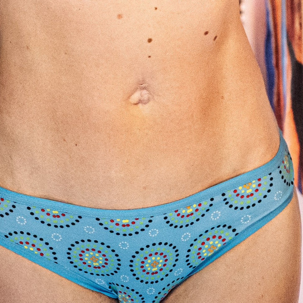 model wearing organic cotton low rise bikini knickers blue mara - You Underwear