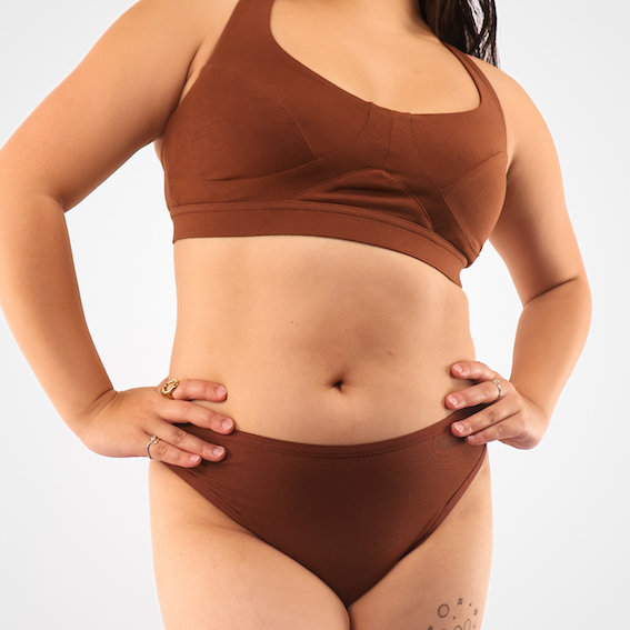 model wearing organic cotton mid rise bikini chestnut - You Underwear