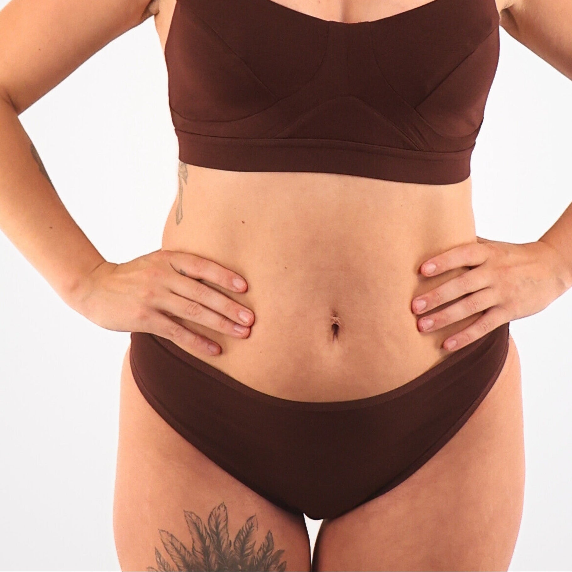 model wearing organic cotton mid rise bikini cocoa - You Underwear