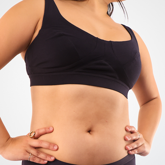 model wearing organic cotton non wired bra black - You Underwear