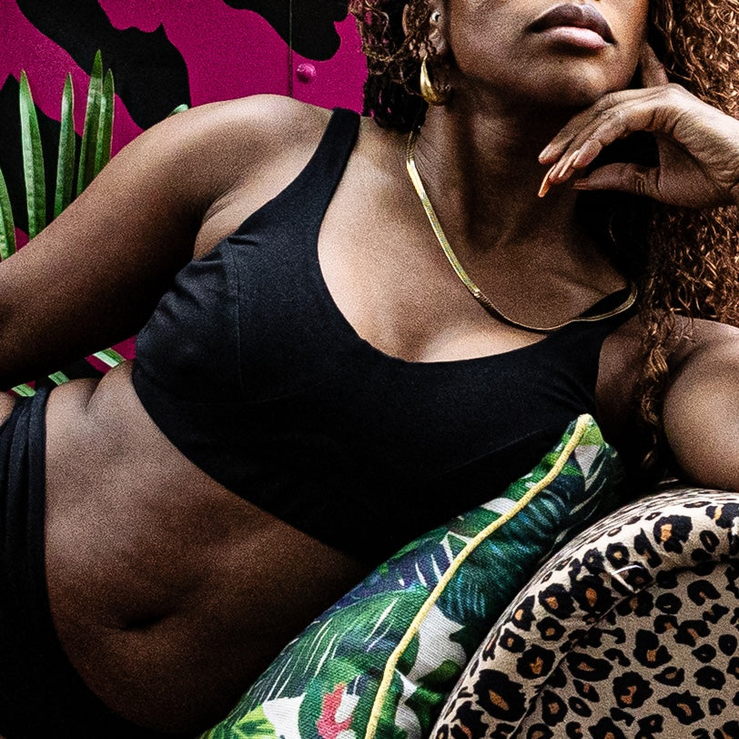 model wearing organic cotton non wired bra black - You Underwear