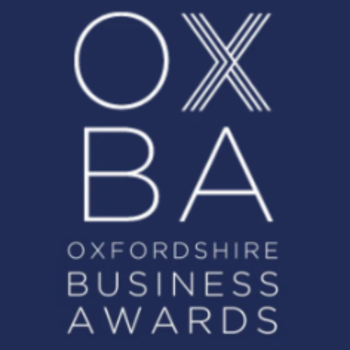 An image which reads, 'OXBA. Oxfordshire Business Awards.' The writing in large and in white on a dark blue background.