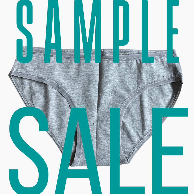 flatlay photo of a pair of light grey YOU knickers with green "sample sale" text over the top.