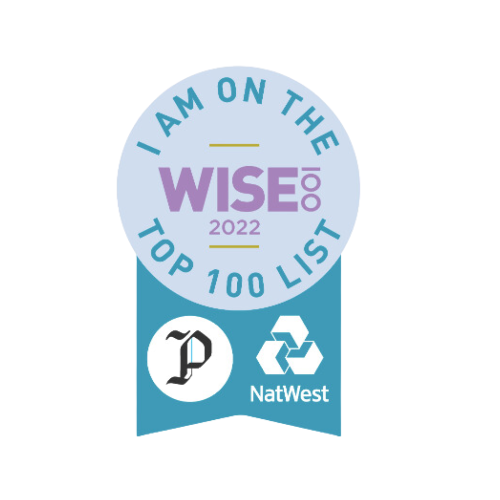 An image which reads, 'I am on the WISE100 top 100 list.' The writing in blue and purple formatted onto a grey and blue rosette style graphic.