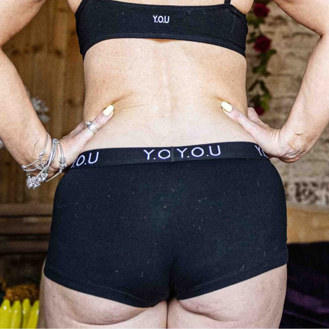 model wearing organic cotton YOU branded boy shorts black - You Underwear
