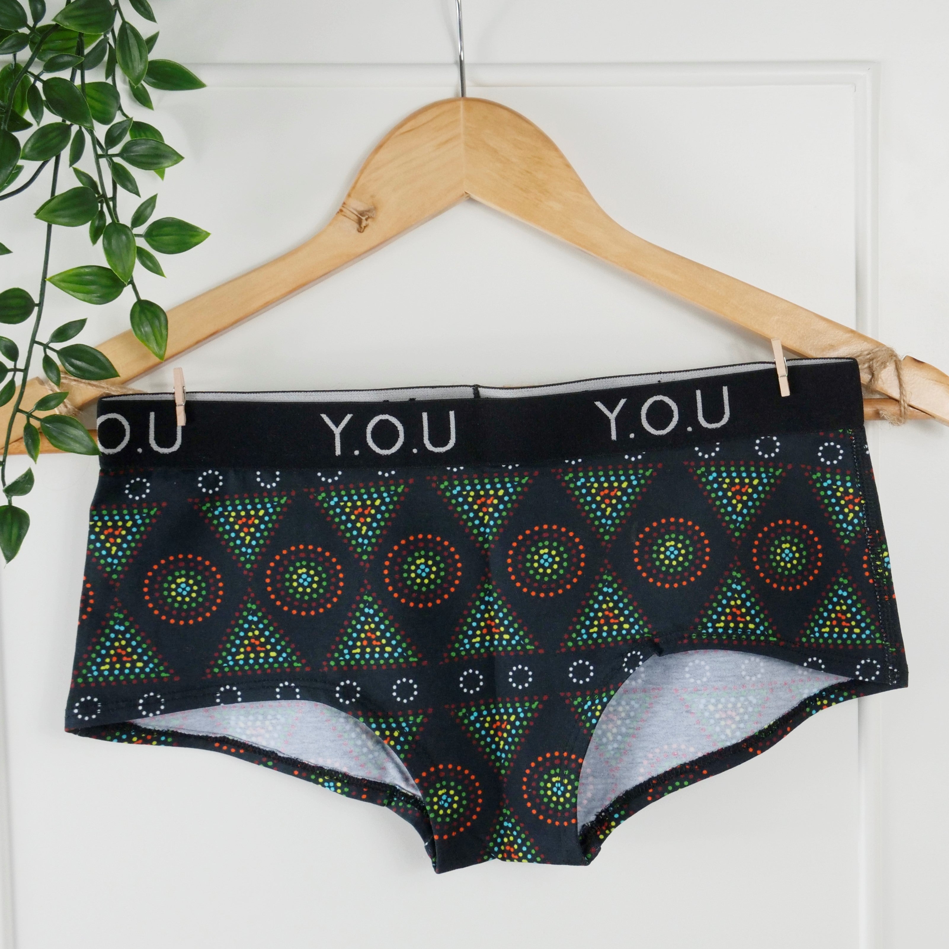 Women's organic cotton matching bralette and Y.O.U boy shorts set - Black Mara design