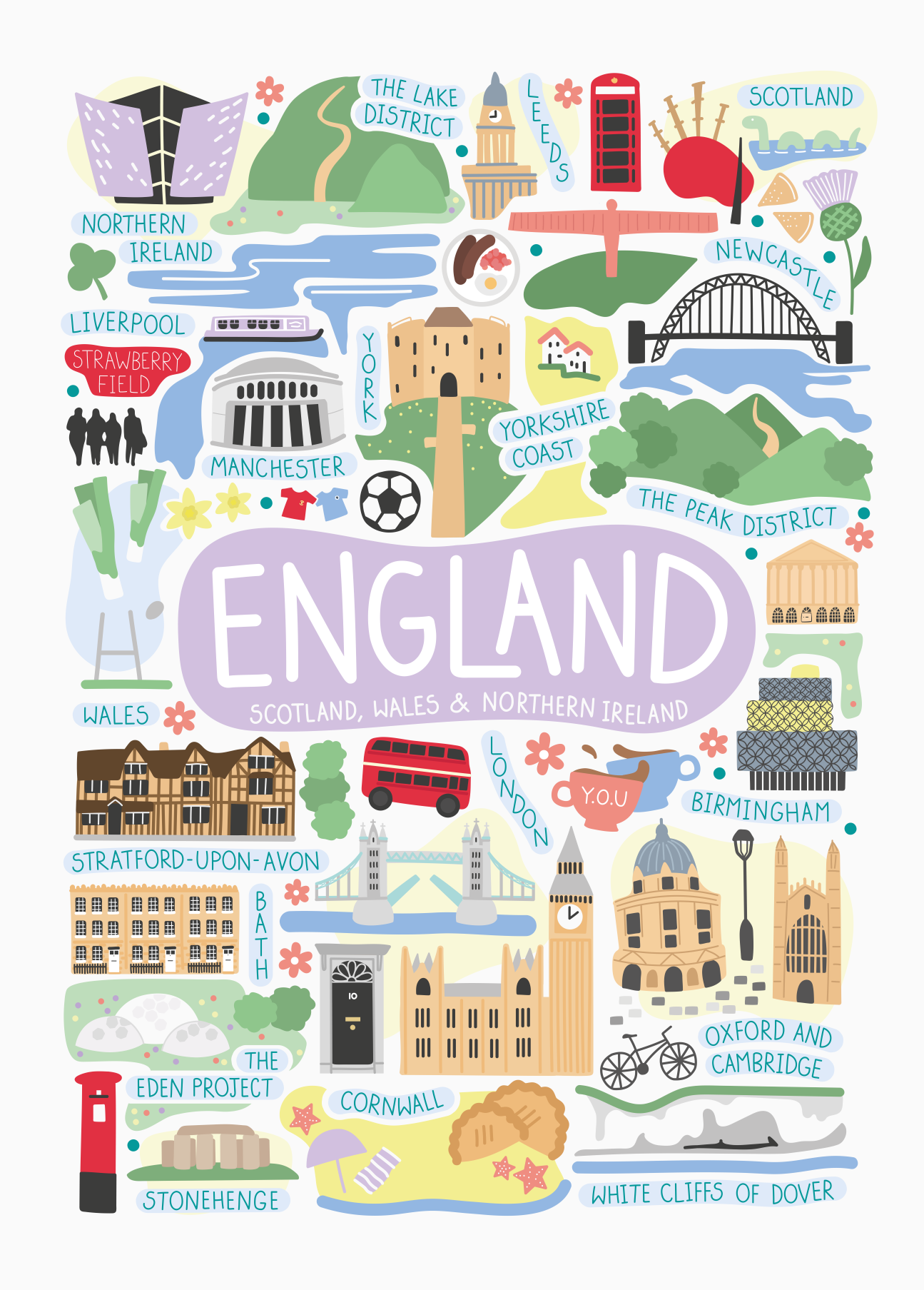 Y.O.U England (including Scotland, Wales & Northern Ireland) Landmarks Organic Cotton Tea Towel
