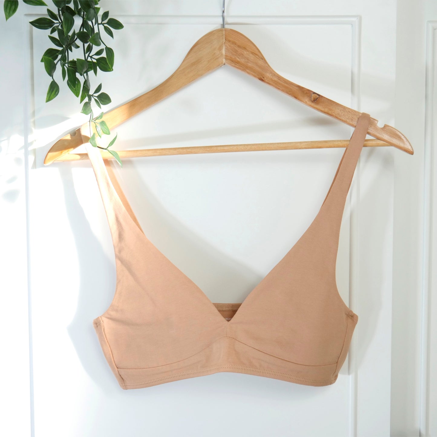 Women's organic cotton matching bralette and mid-rise bikini set - Almond (light nude)
