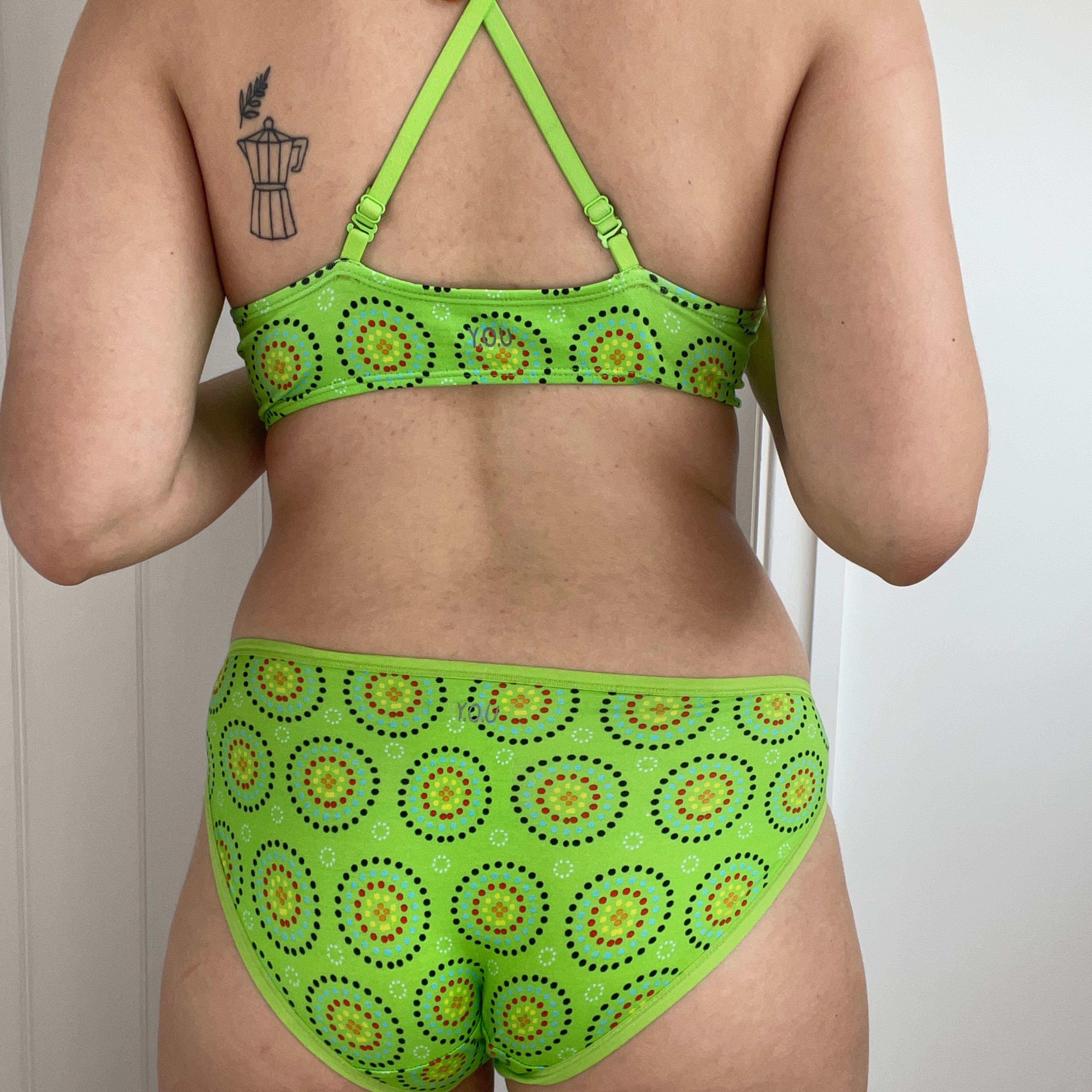 Women's organic cotton matching bralette and bikini set - Green Mara design