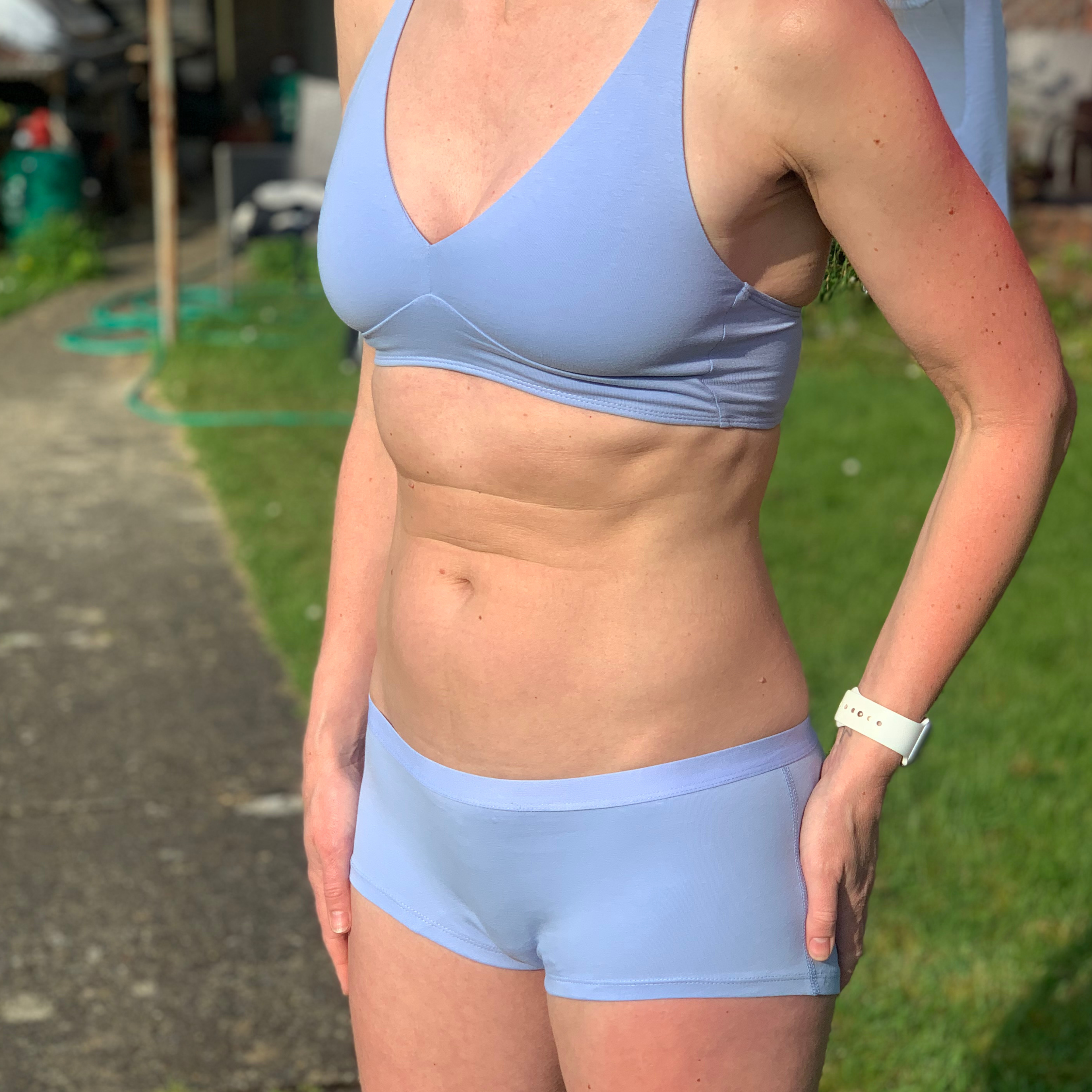 Women's organic cotton matching bralette and boy shorts set - light blue