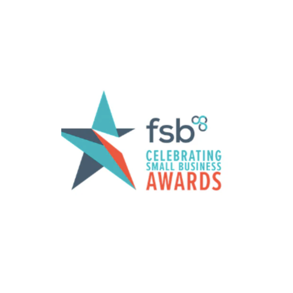 An image which reads 'fsb, celebrating small business awards.' The background of the image is white and the writing is in grey, teal and orange. There is a star in these colours on the left side of the image.
