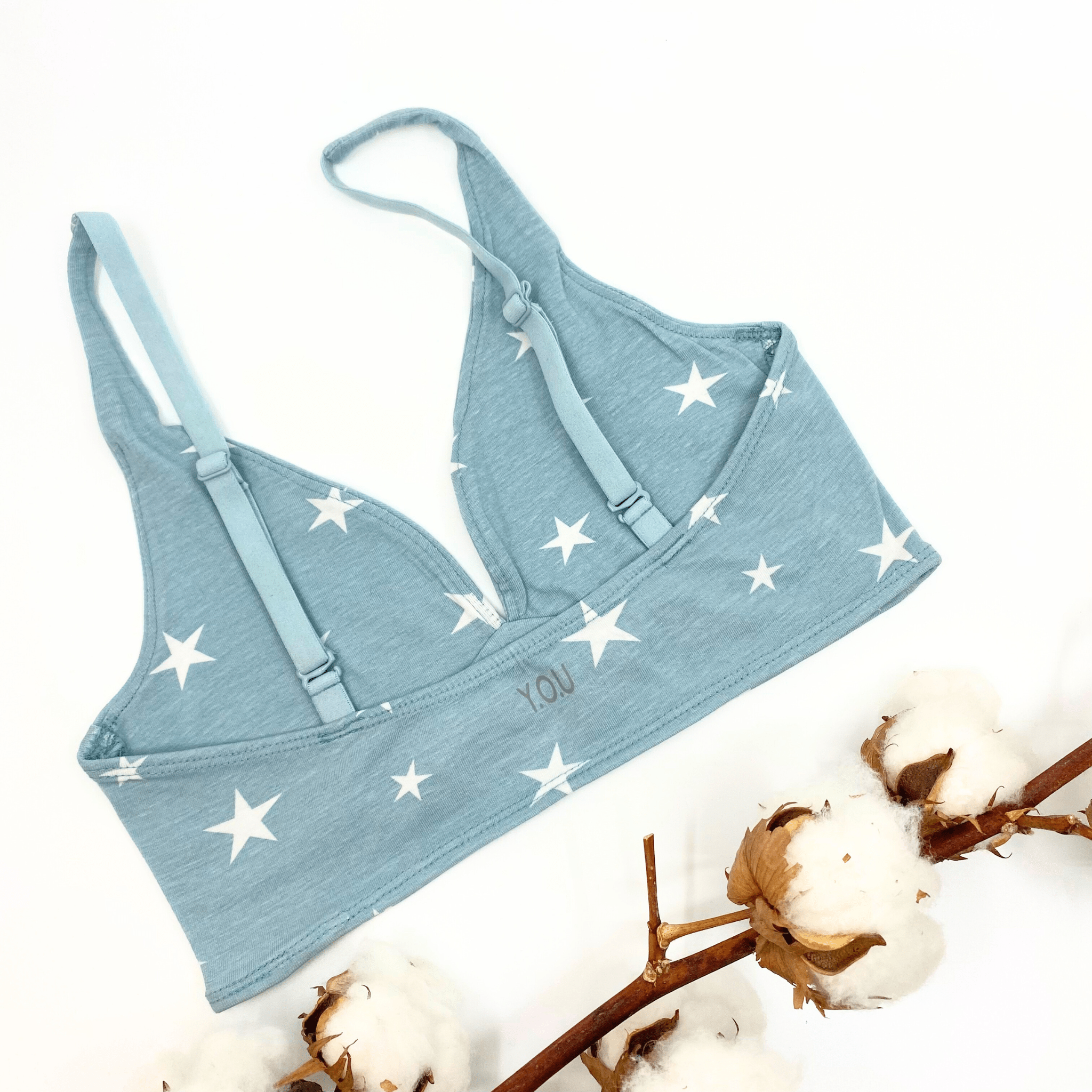 Girls' organic cotton bralette - blue with white stars - Y.O.U underwear