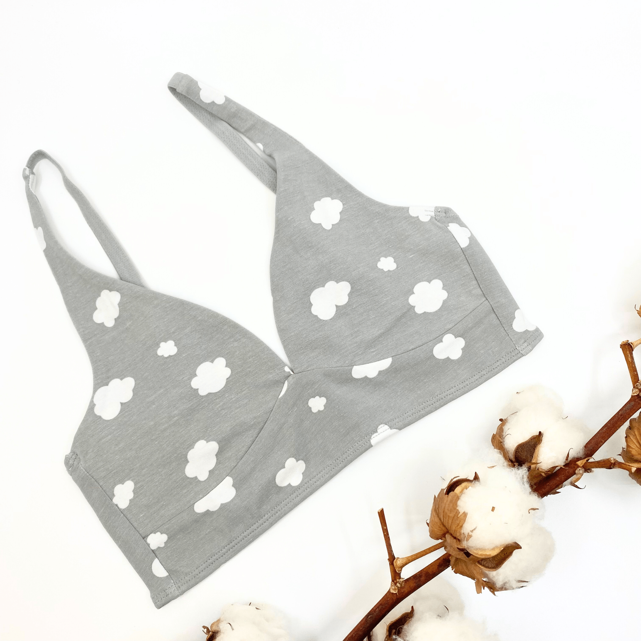Girls' organic cotton bralette - grey with white clouds - Y.O.U underwear