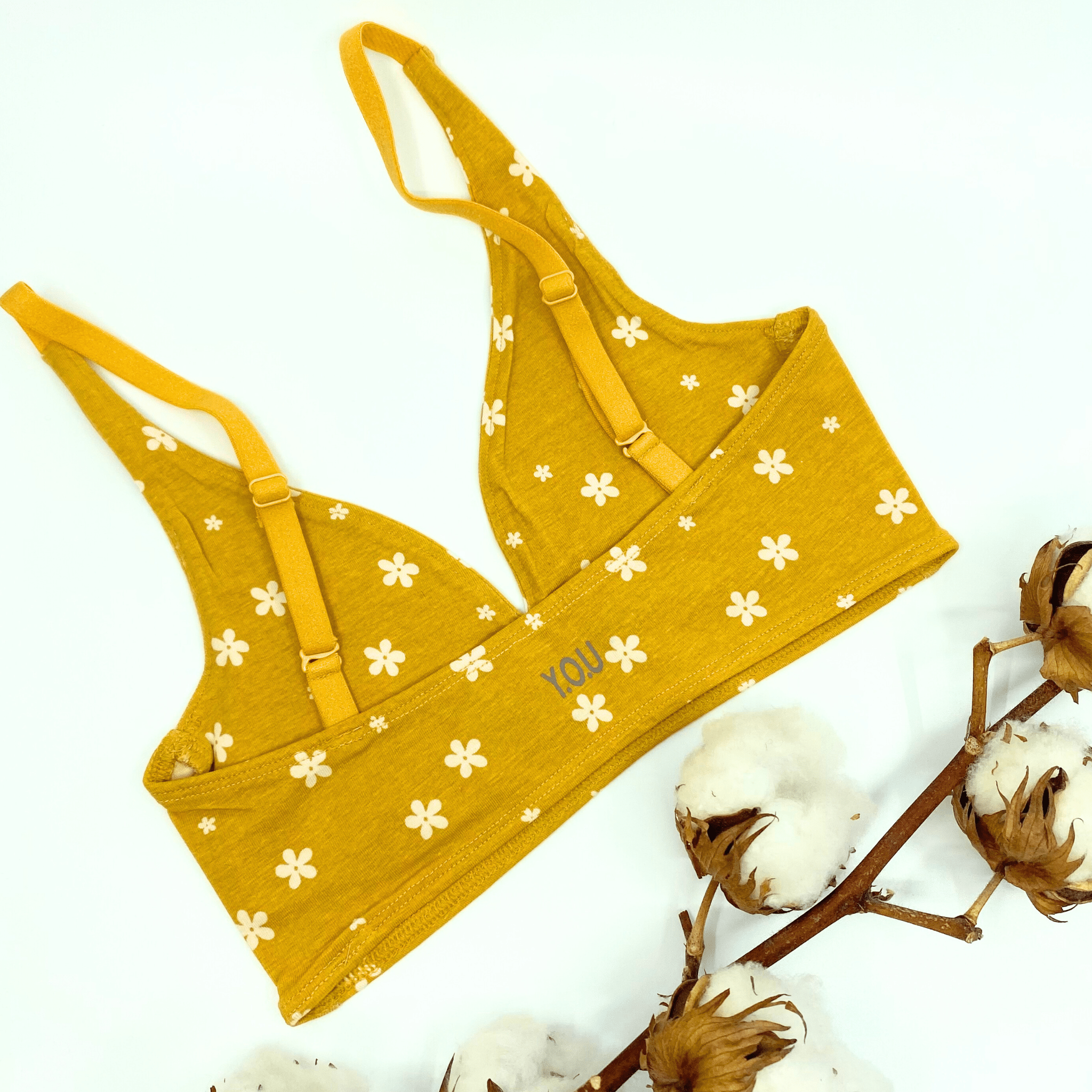 Girls' organic cotton bralette - yellow with white flowers - Y.O.U underwear