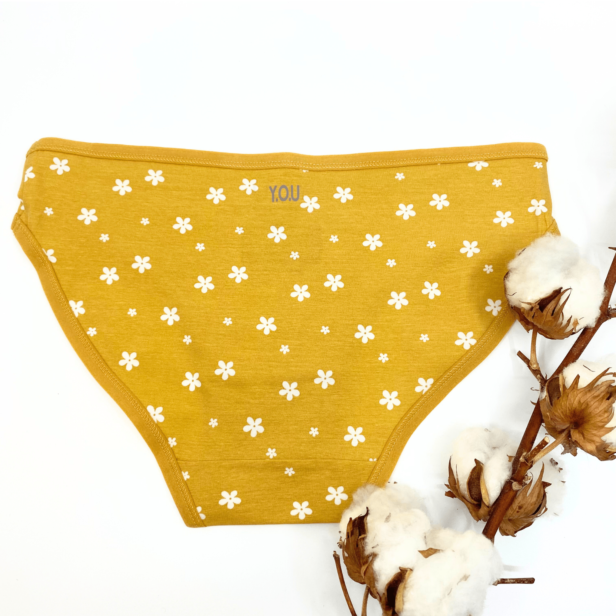 Girls' organic cotton knickers - yellow with white flowers - Y.O.U underwear