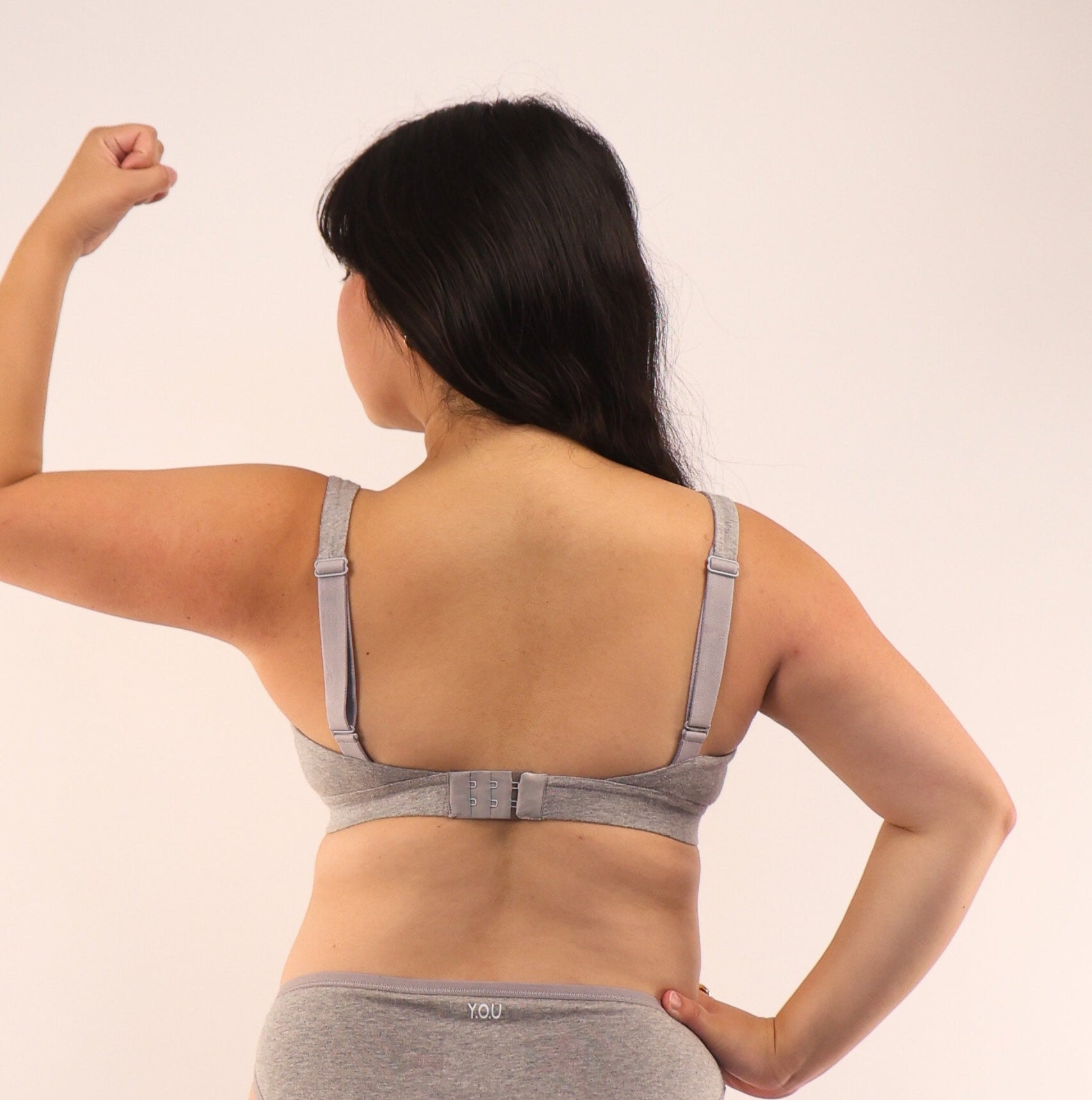 model wearing organic cotton more supportive bra grey