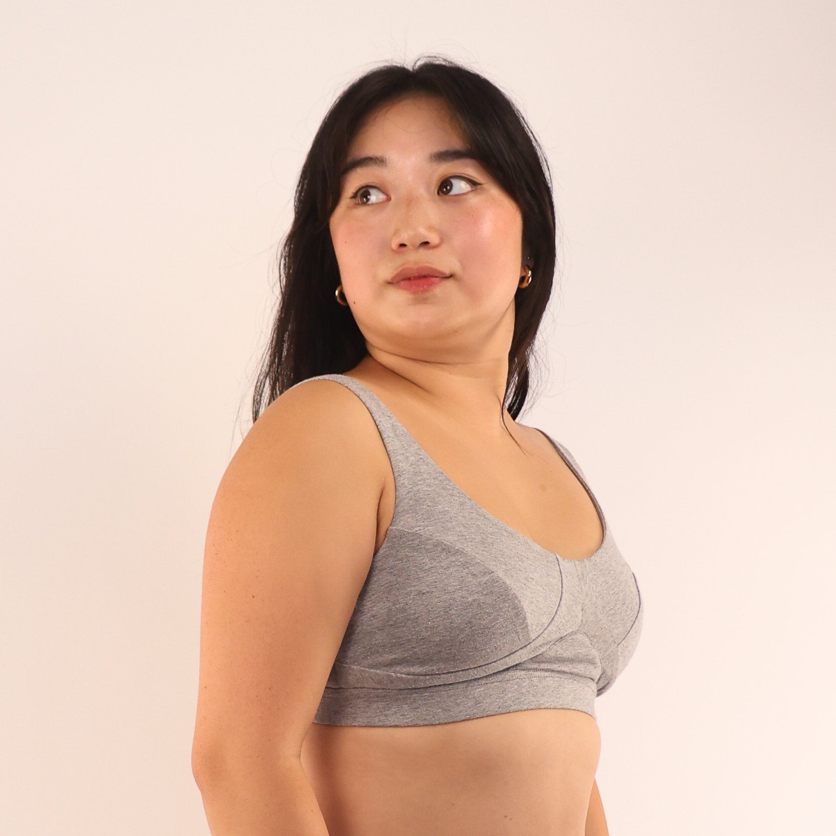 Model wearing organic cotton non-wried bra in grey- You Underwear
