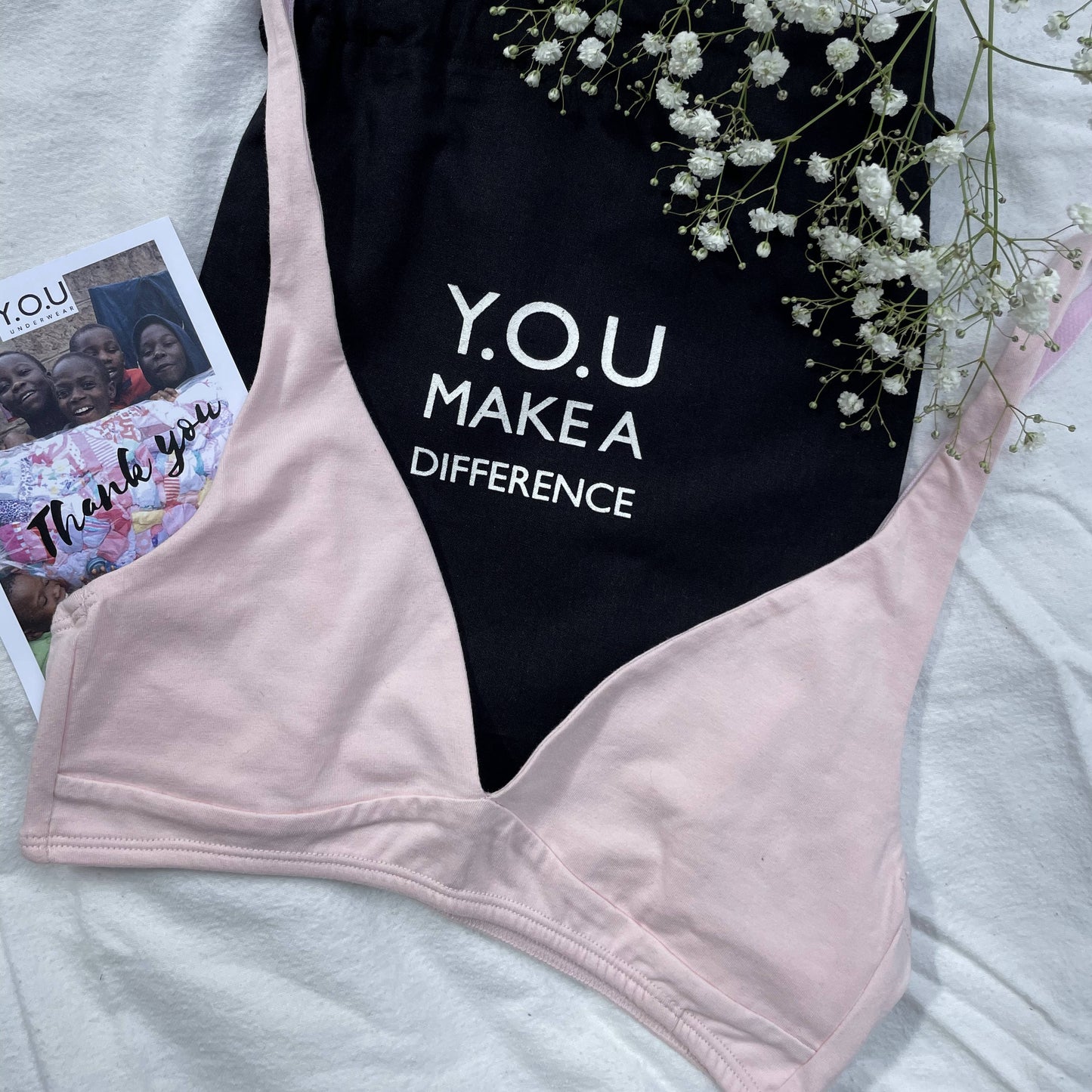 Women's organic cotton matching bralette and mid-rise bikini set - Light Pink