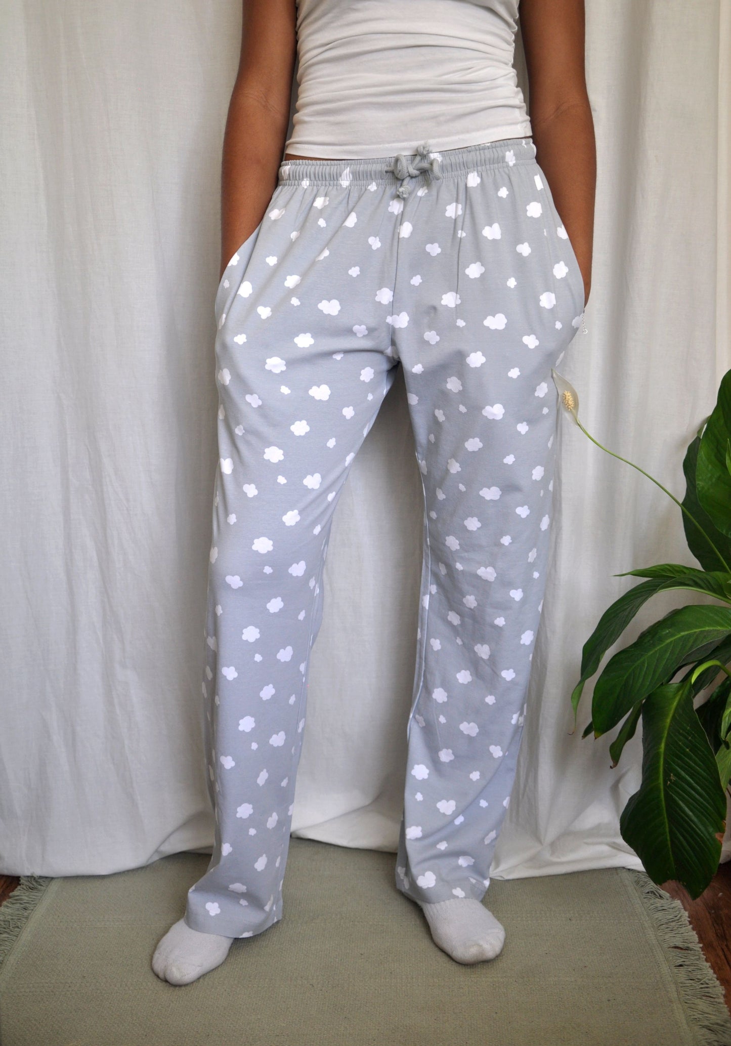 Pyjamas - organic cotton unisex pyjama bottoms - grey clouds pattern