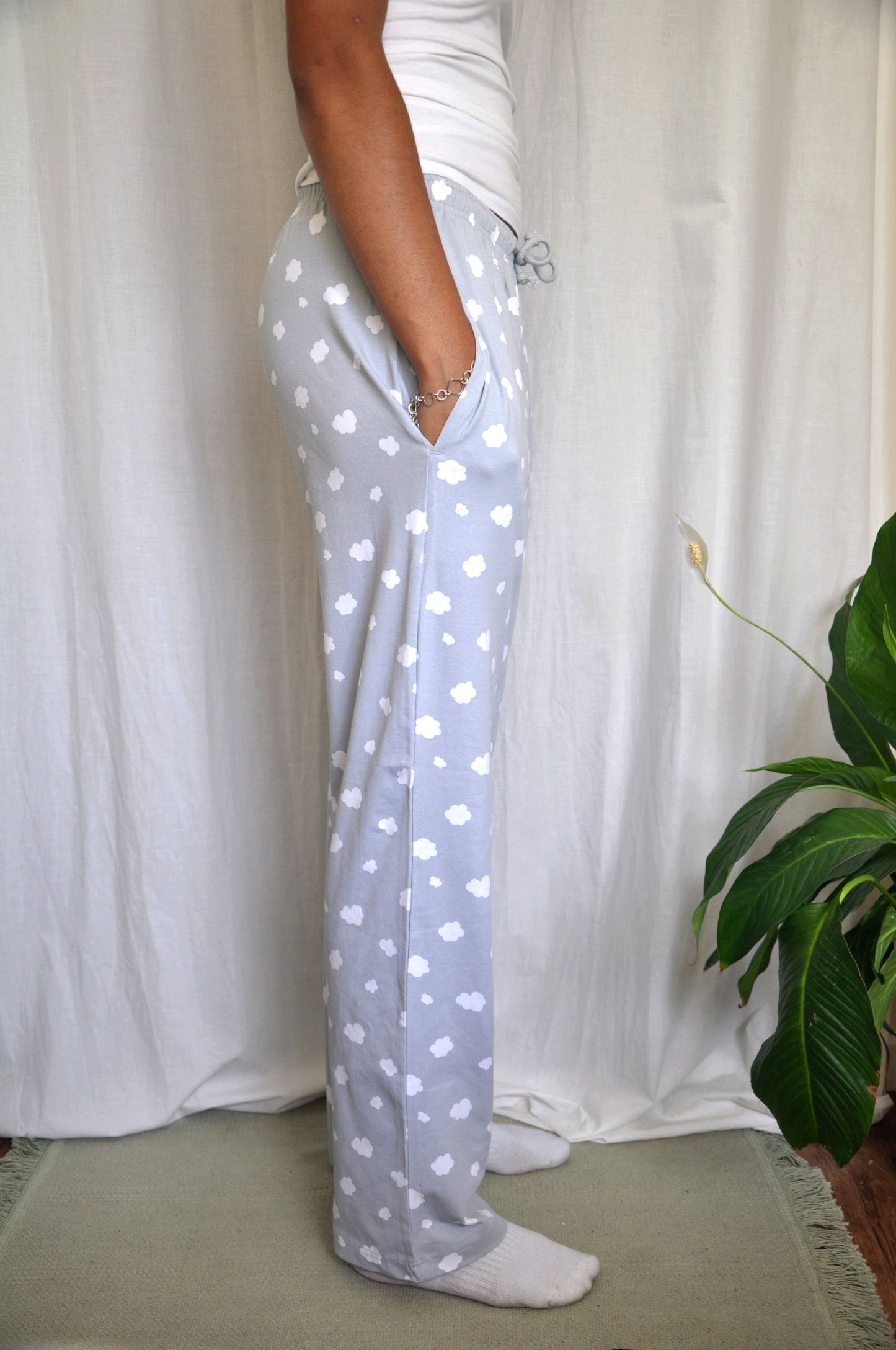 Pyjamas - organic cotton unisex pyjama bottoms - grey clouds pattern
