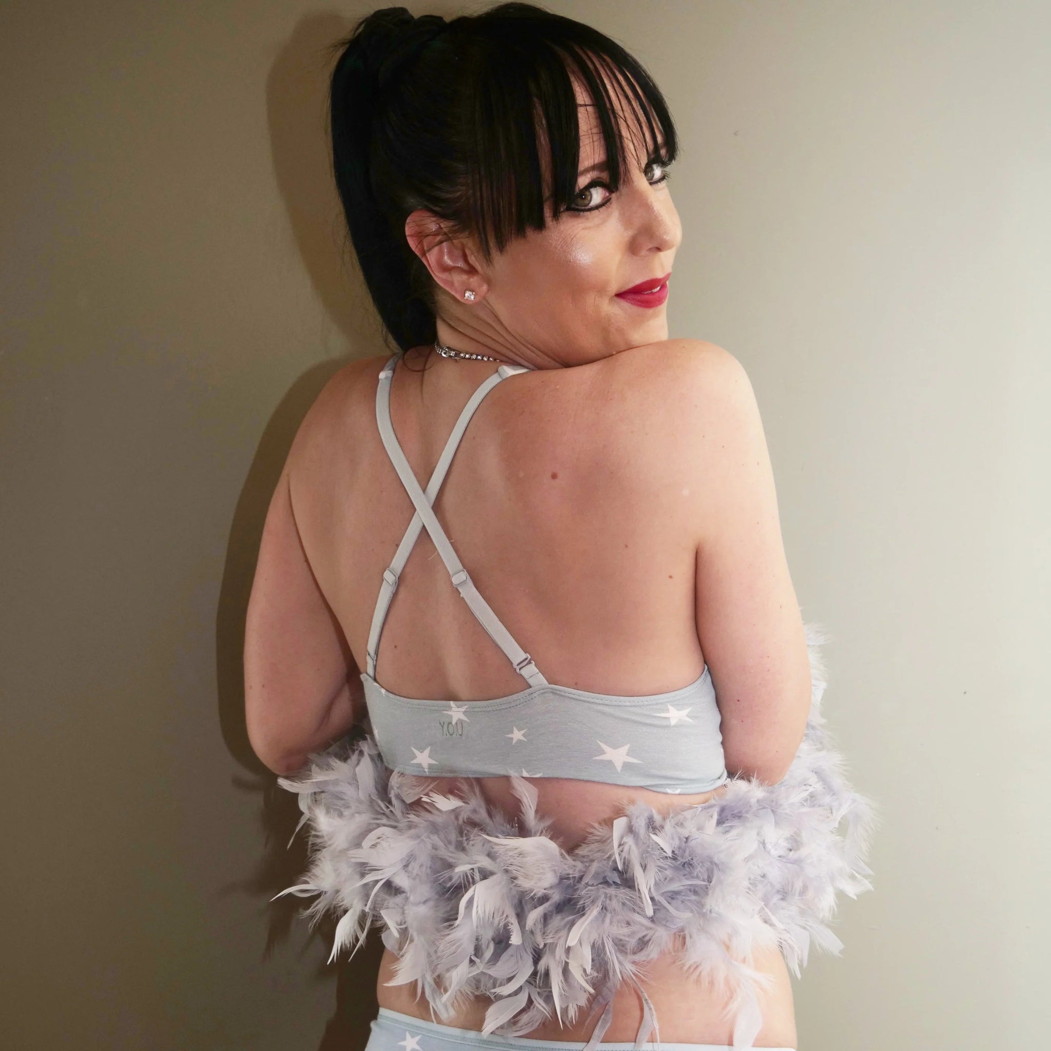 Sample Sale - Women's organic cotton bralette in light blue with white stars pattern - Y.O.U underwear