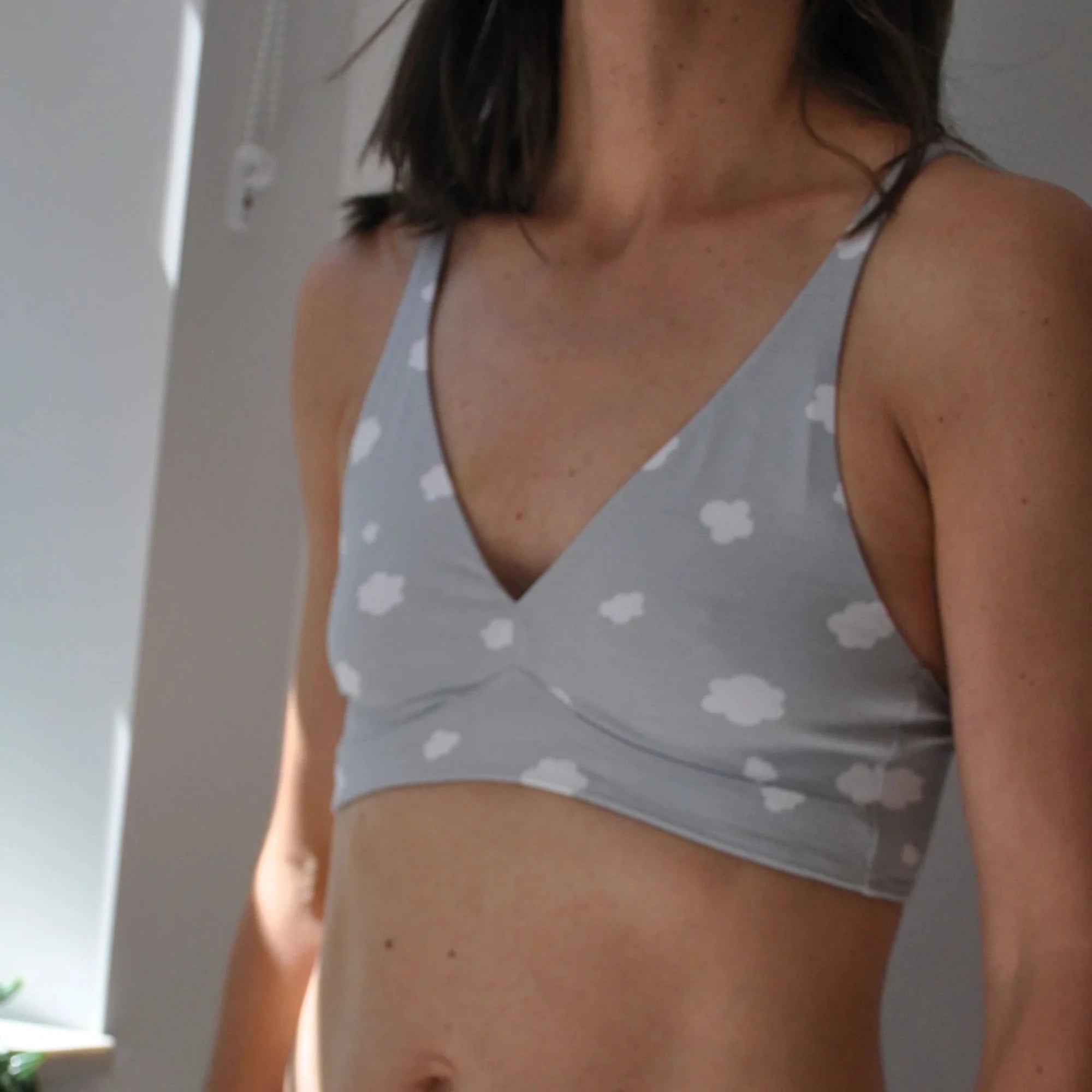 Sample Sale - Women's organic cotton bralette in light grey with white clouds pattern - Y.O.U underwear