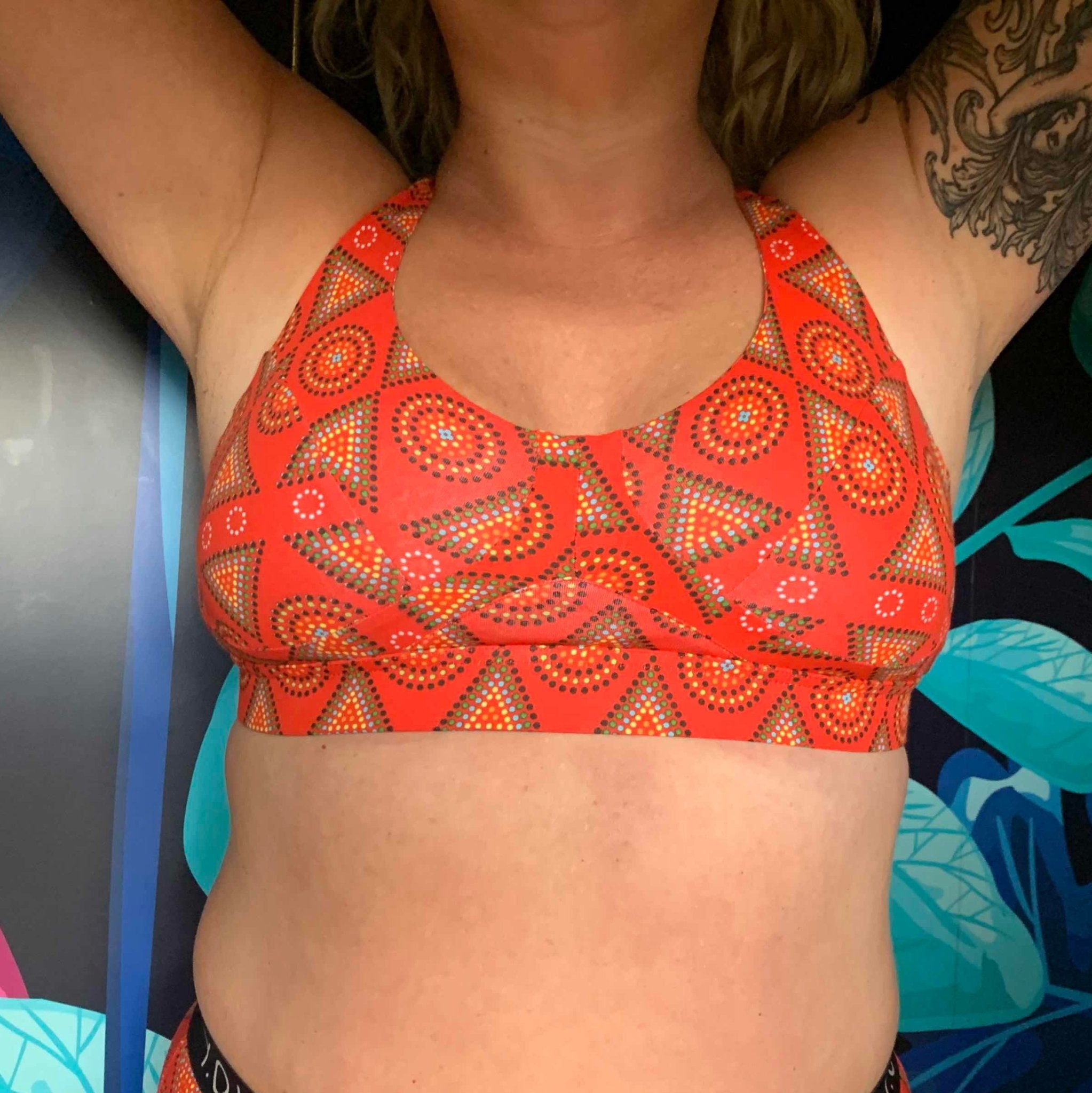 Women's organic cotton bra in red Mara print - more supportive style - Y.O.U underwear