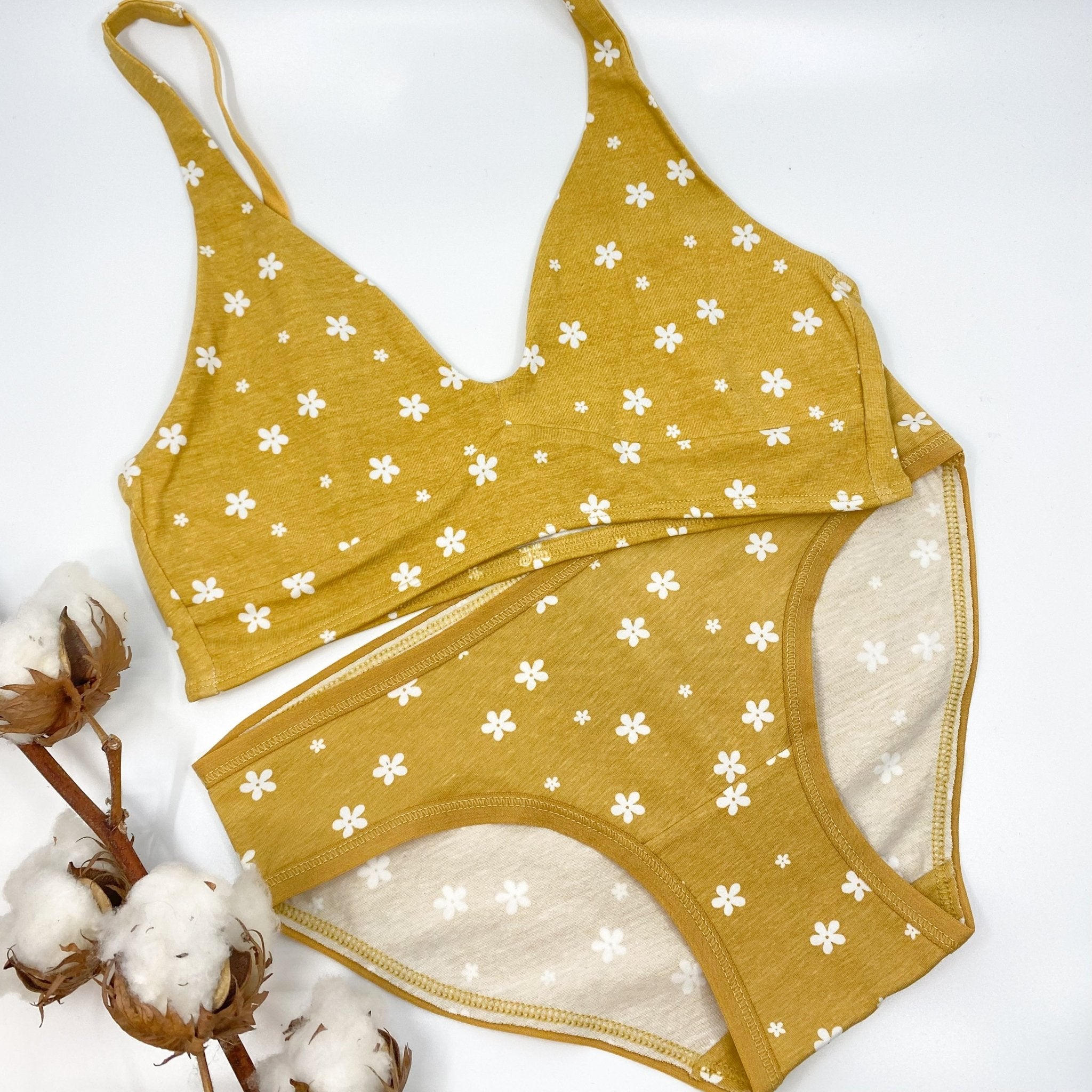 Women's organic cotton bralette and low - rise bikini bottom matching set - yellow with white flowers - Y.O.U underwear