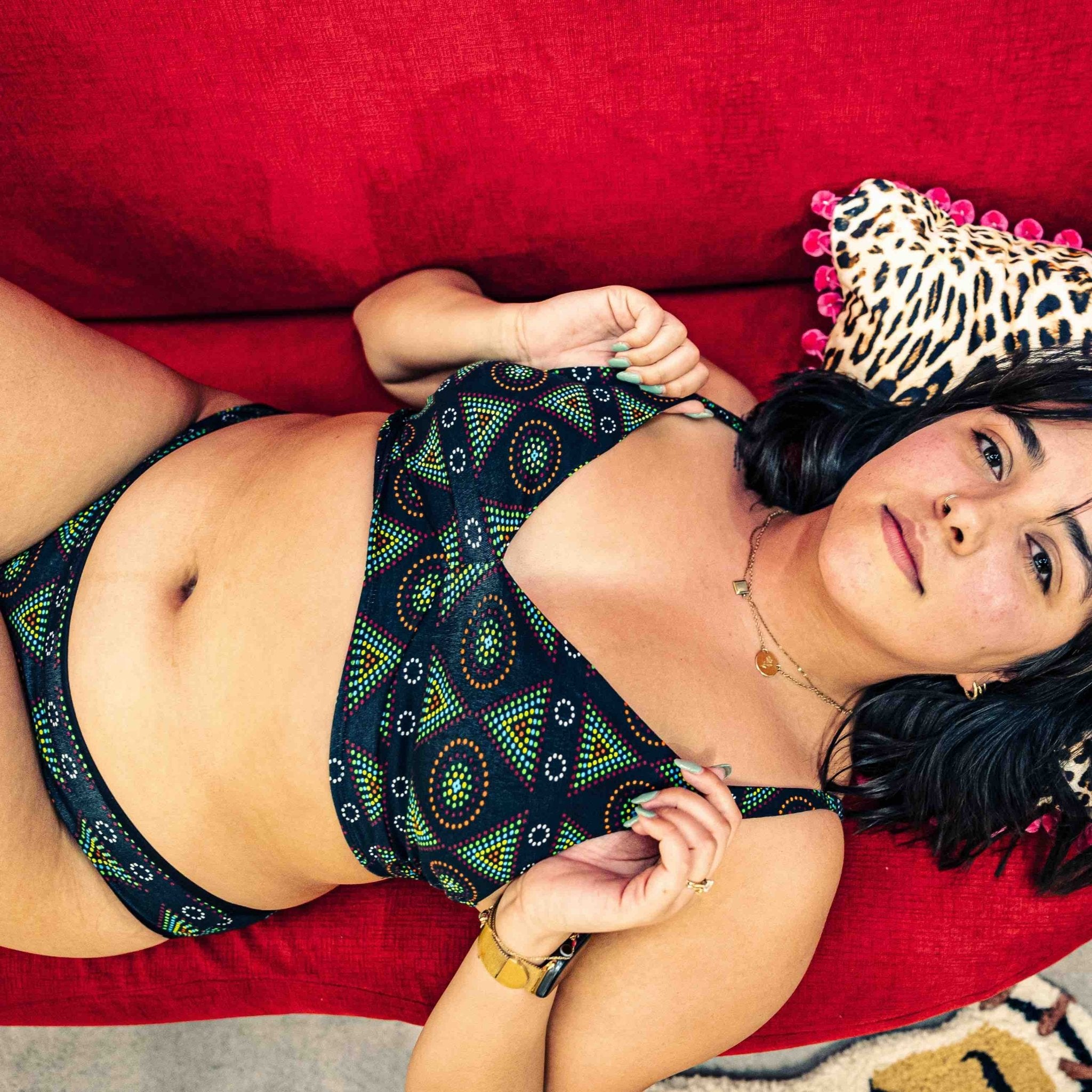 Women's organic cotton matching bralette and bikini set - Black Mara design - Y.O.U underwear