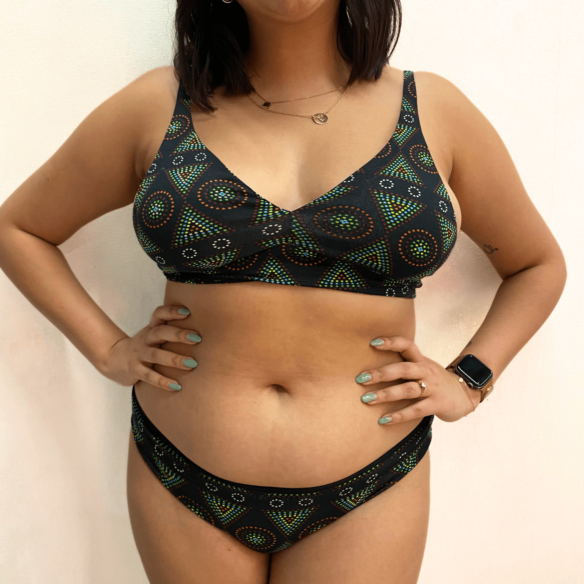 Women's organic cotton matching bralette and bikini set - Black Mara design - Y.O.U underwear