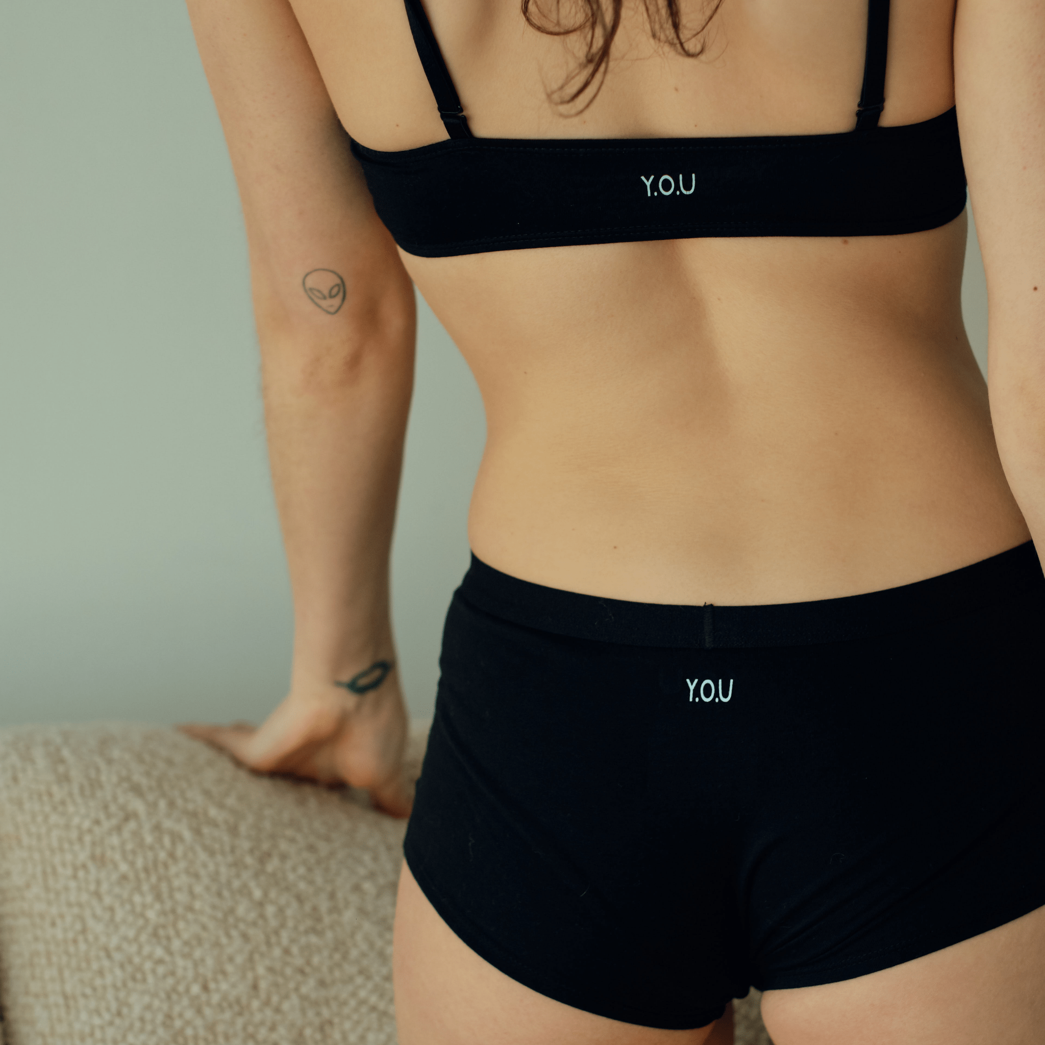 Women's organic cotton matching bralette and boy shorts set - black - Y.O.U underwear