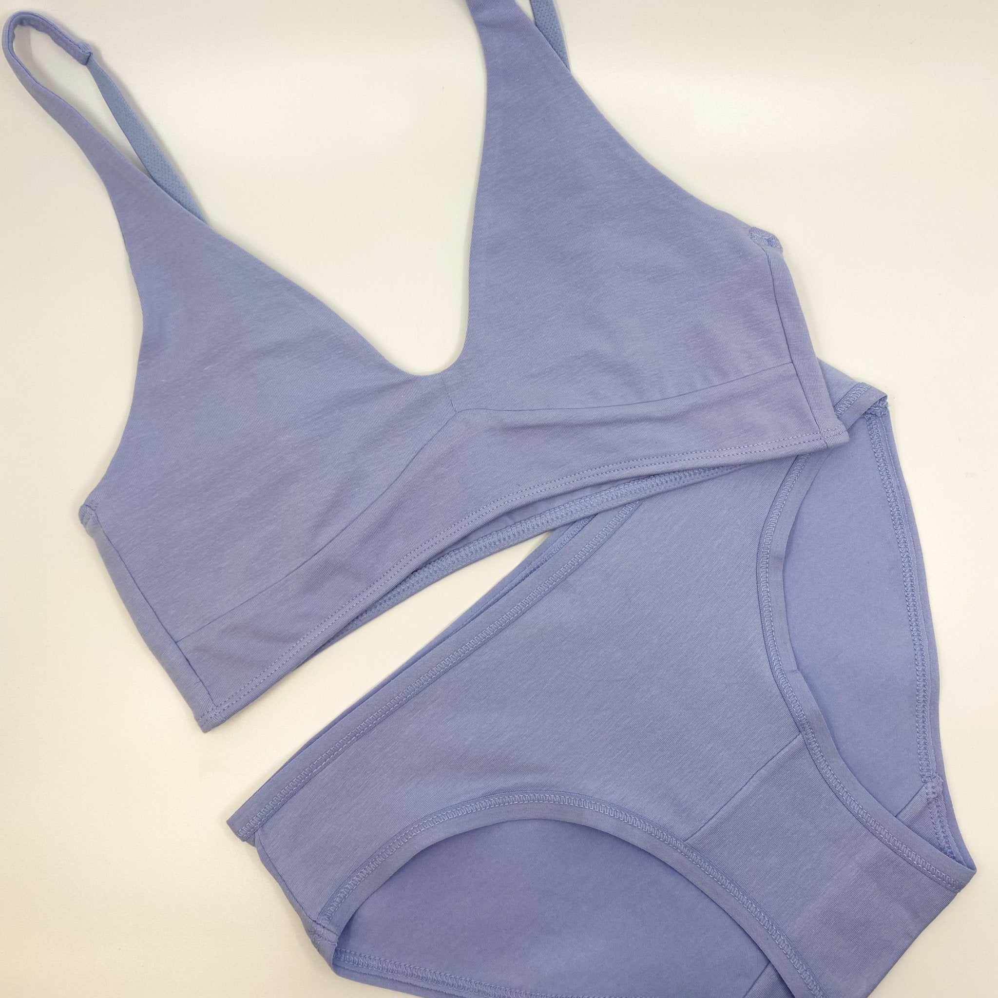 Women's organic cotton matching bralette and low - rise bikini set - light blue - Y.O.U underwear