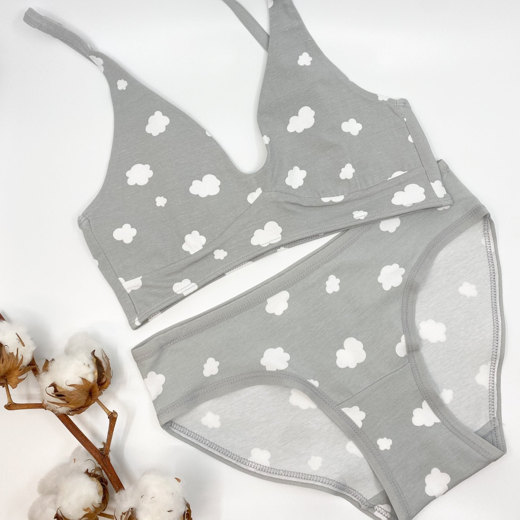 Women's organic cotton matching bralette and low - rise bikini set - light grey with white clouds pattern - Y.O.U underwear