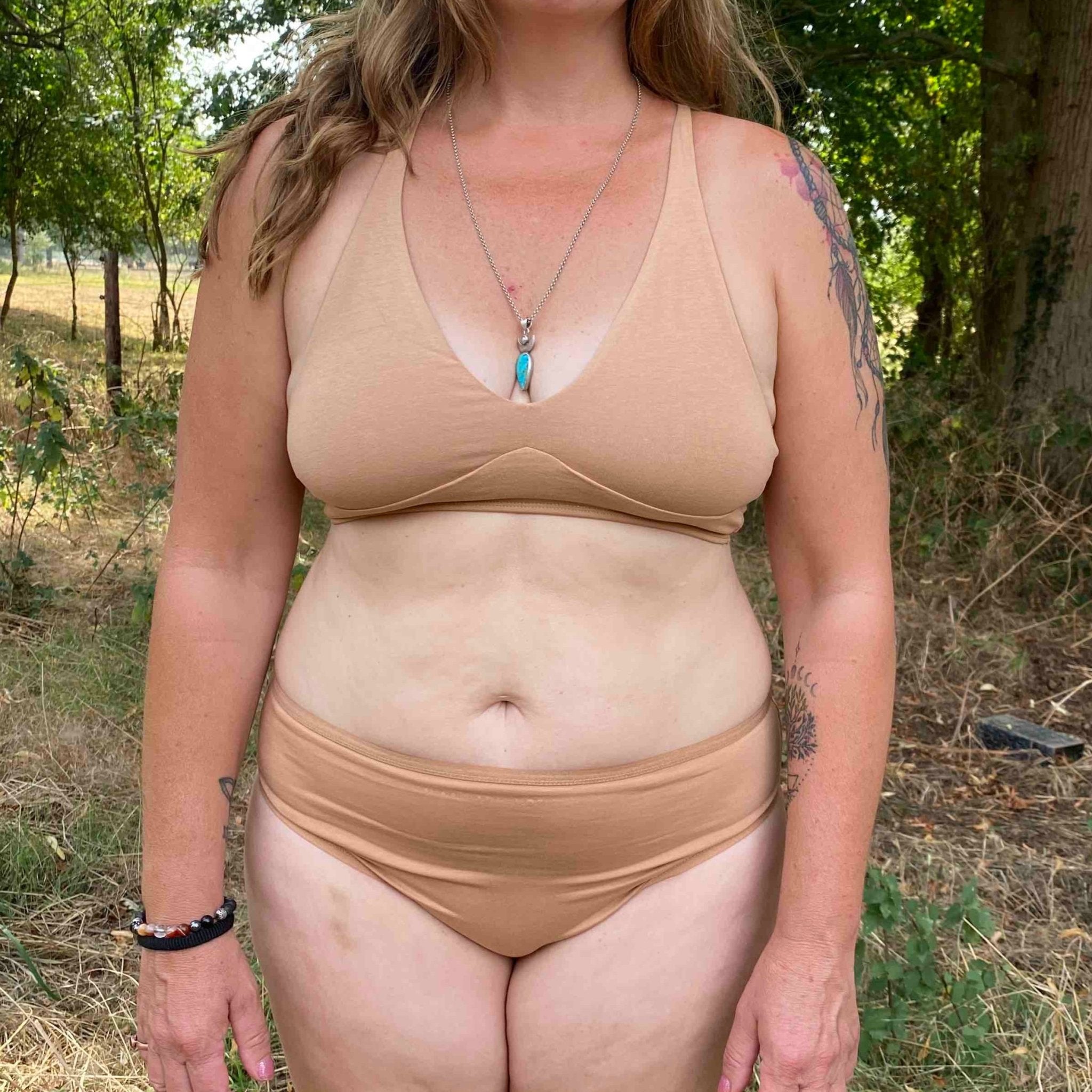 Women's organic cotton matching bralette and mid - rise bikini set - almond (light nude) - Y.O.U underwear