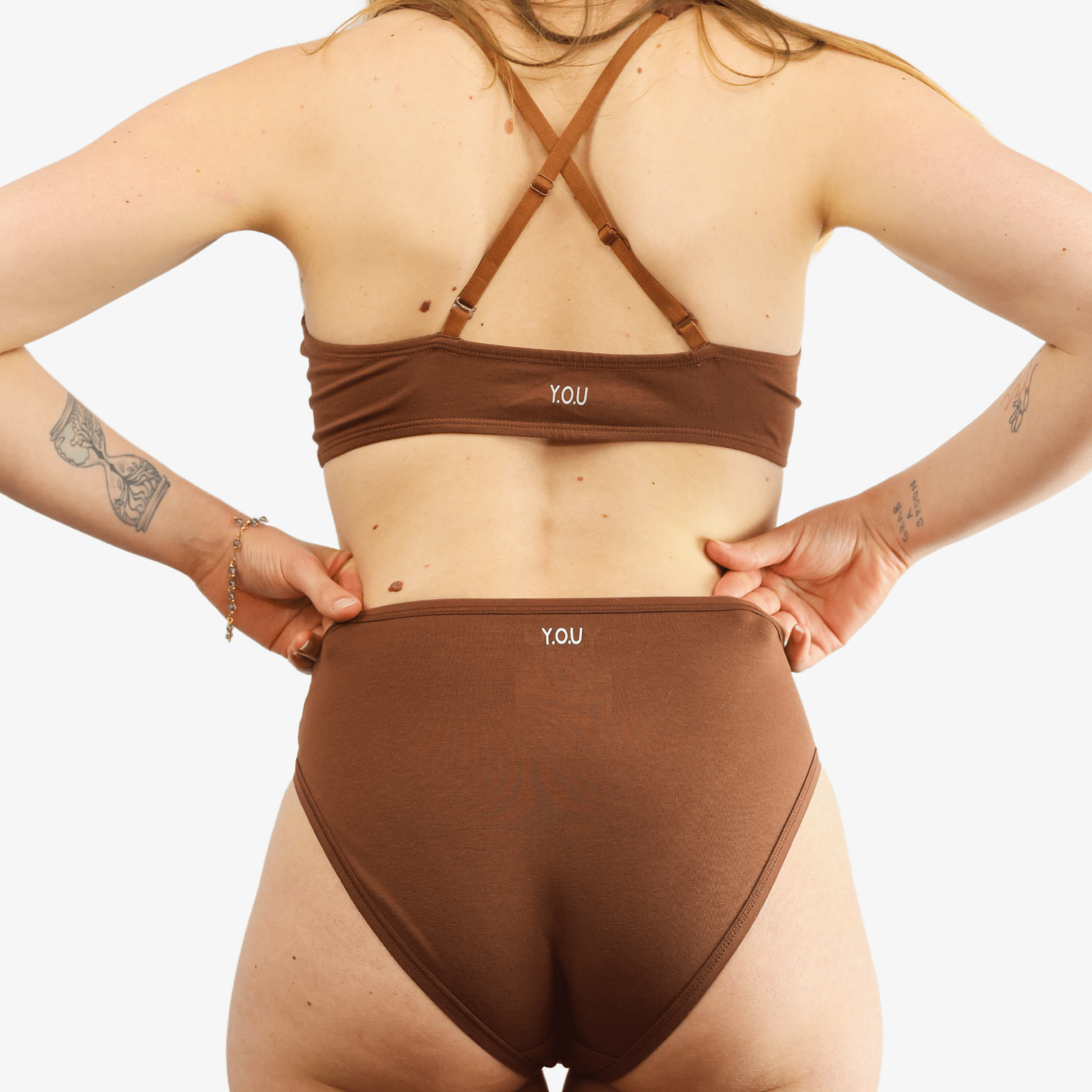 Women's organic cotton matching bralette and mid - rise bikini set - chestnut (mid nude) - Y.O.U underwear