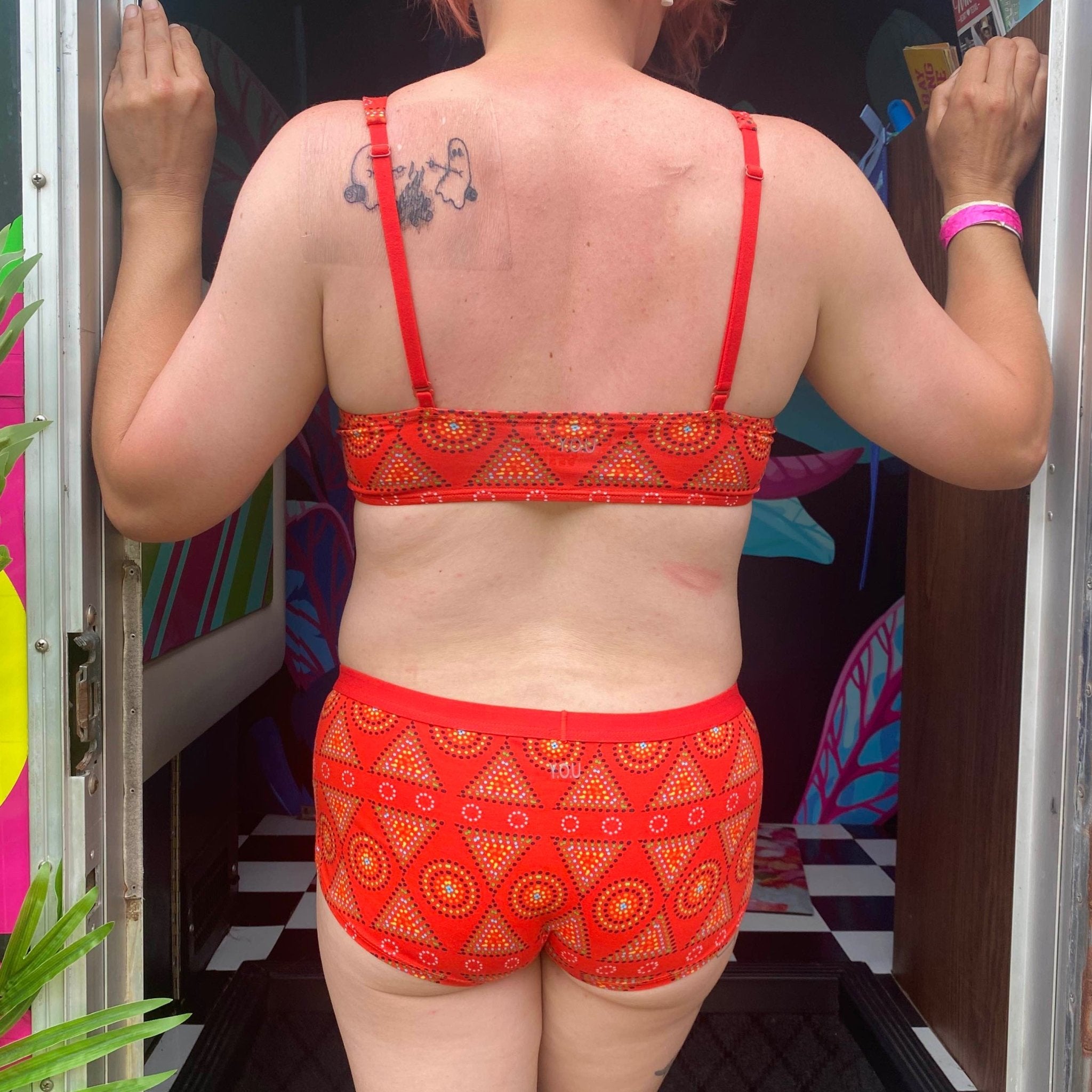 Women's organic cotton matching bralette and plain boy shorts set - Red Mara design - Y.O.U underwear