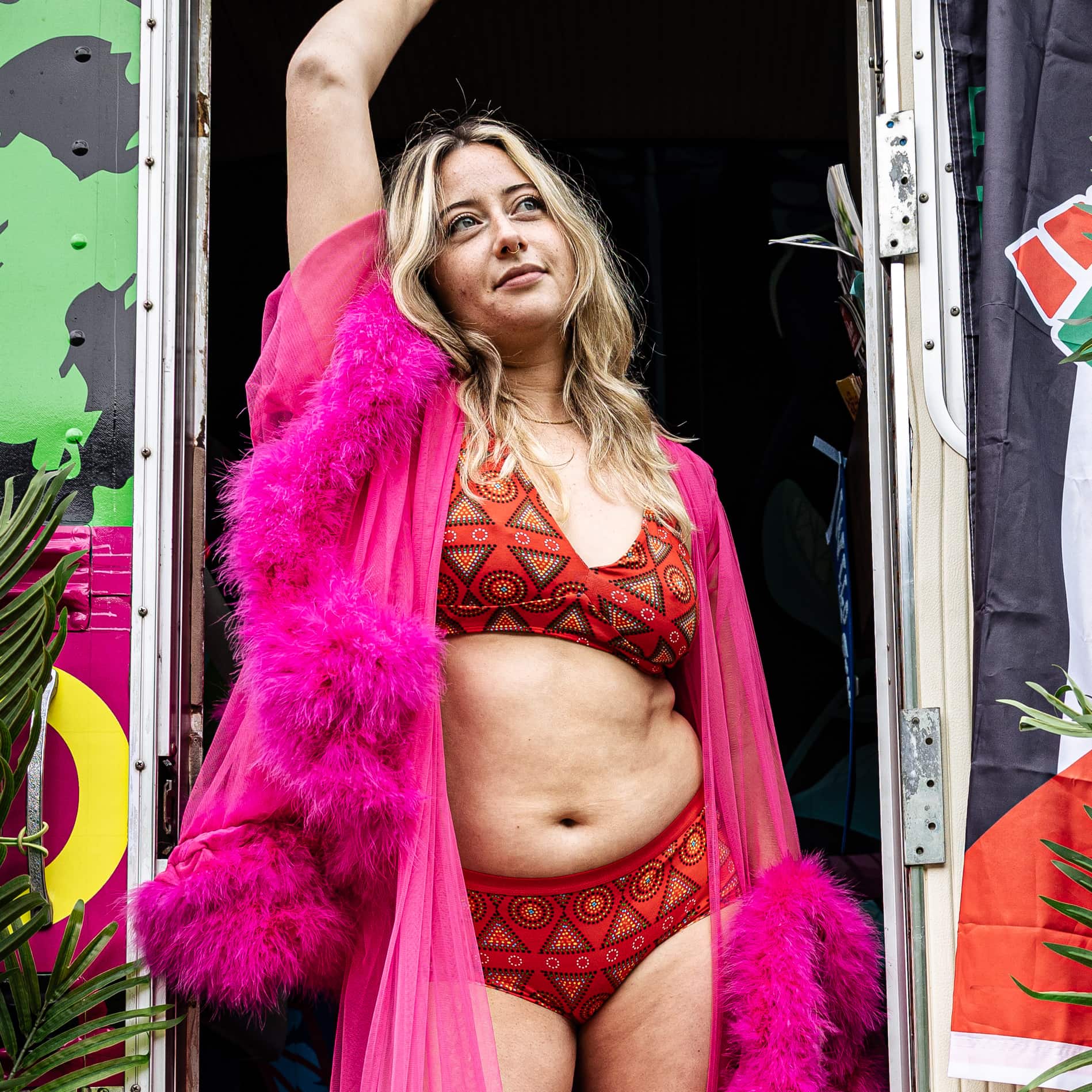 Women's organic cotton matching bralette and plain boyshorts set - Red Mara design - Y.O.U underwear