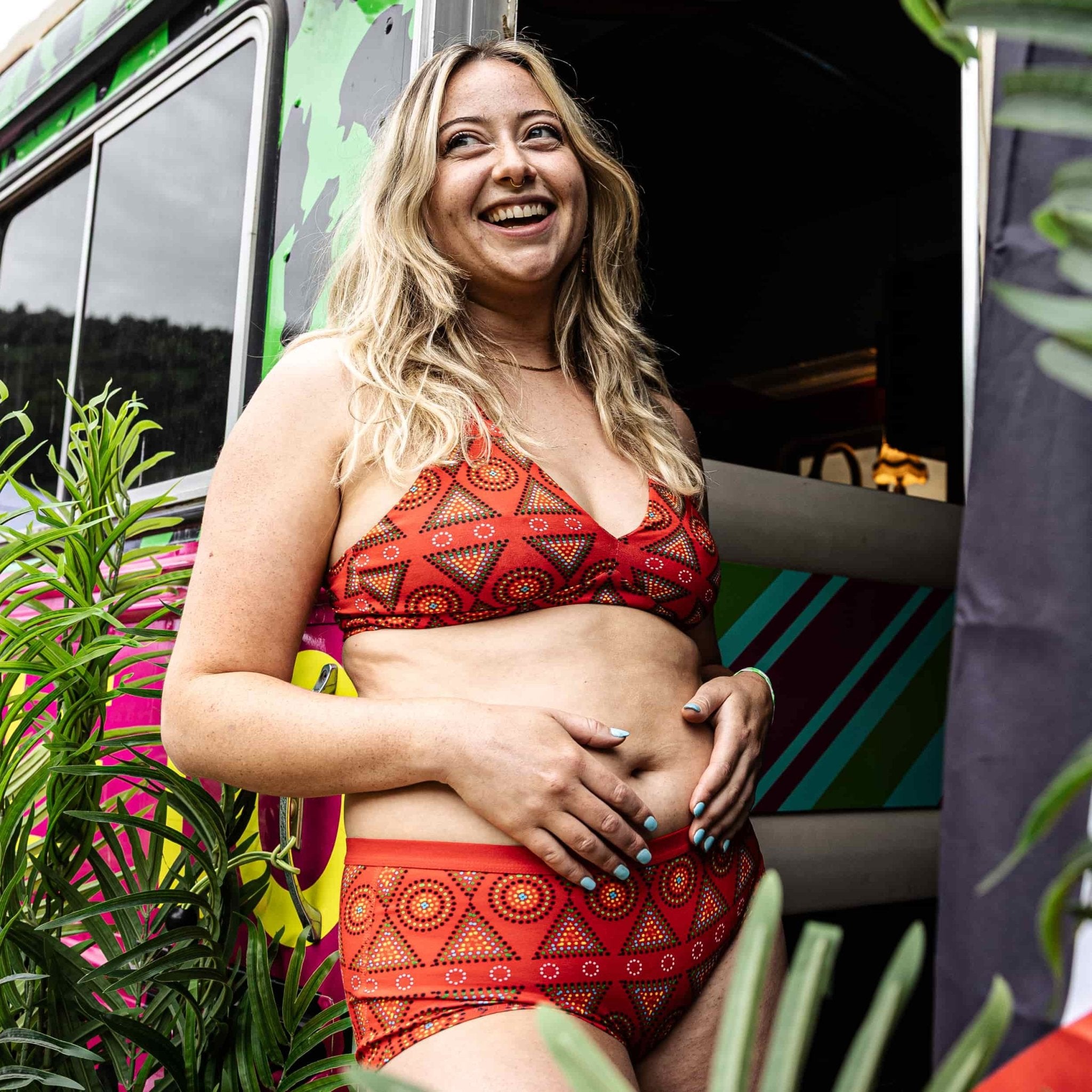 Women's organic cotton matching bralette and plain boyshorts set - Red Mara design - Y.O.U underwear