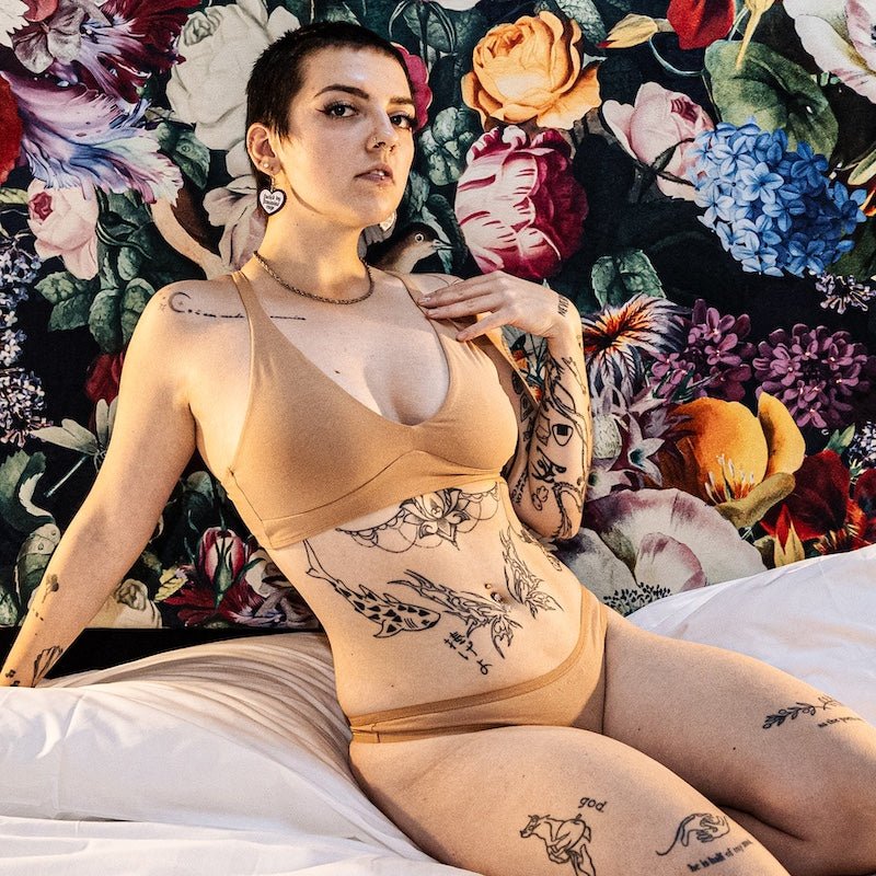 Women's organic cotton matching bralette and thong set - almond (light nude) - Y.O.U underwear