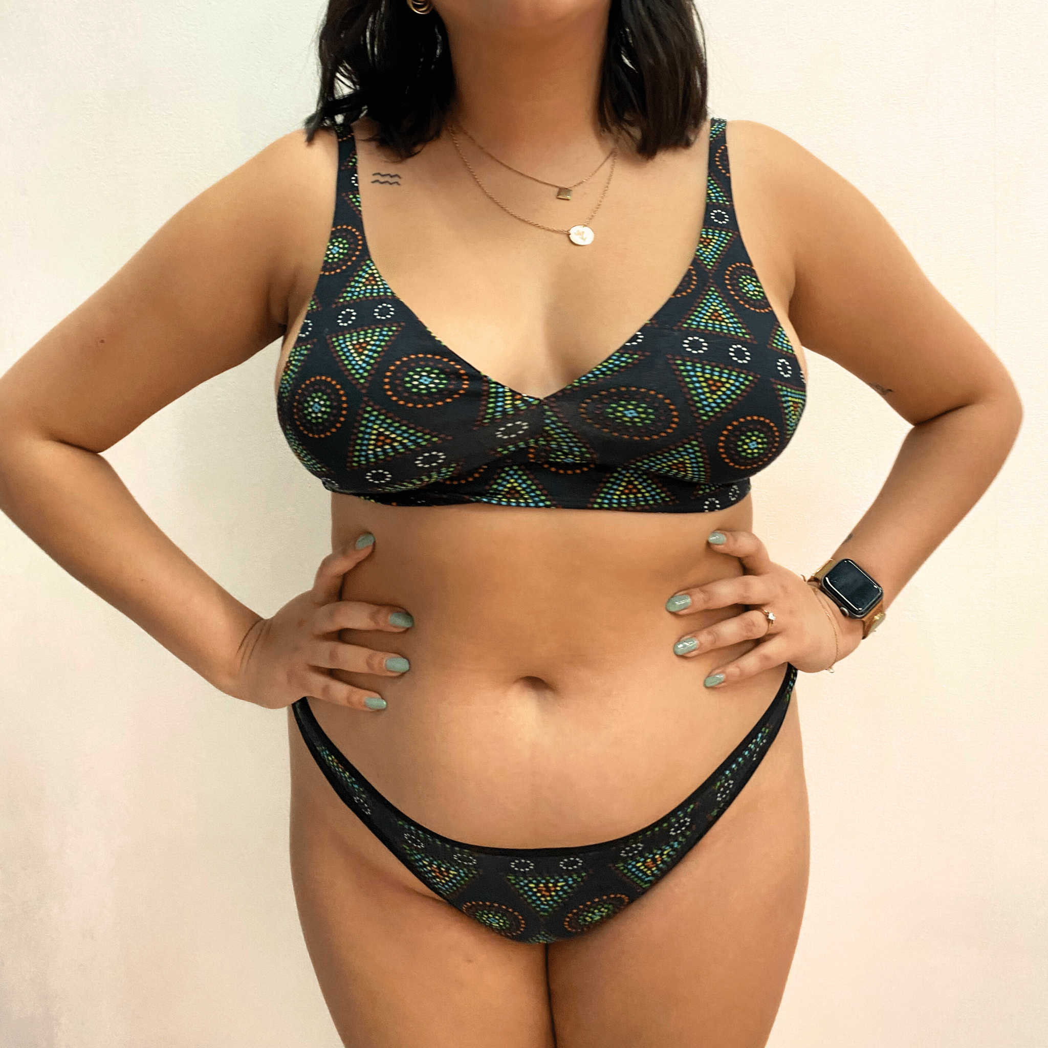 Women's organic cotton matching bralette and thong set - Black Mara design - Y.O.U underwear