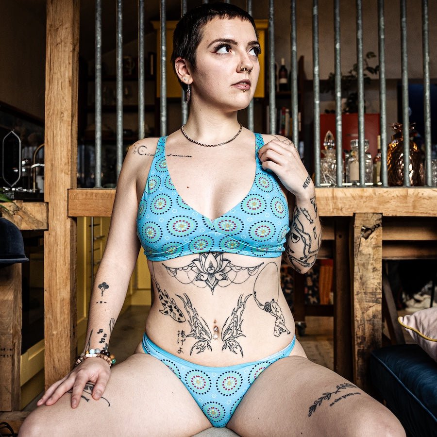 Women's organic cotton matching bralette and thong set - Blue Mara design - Y.O.U underwear