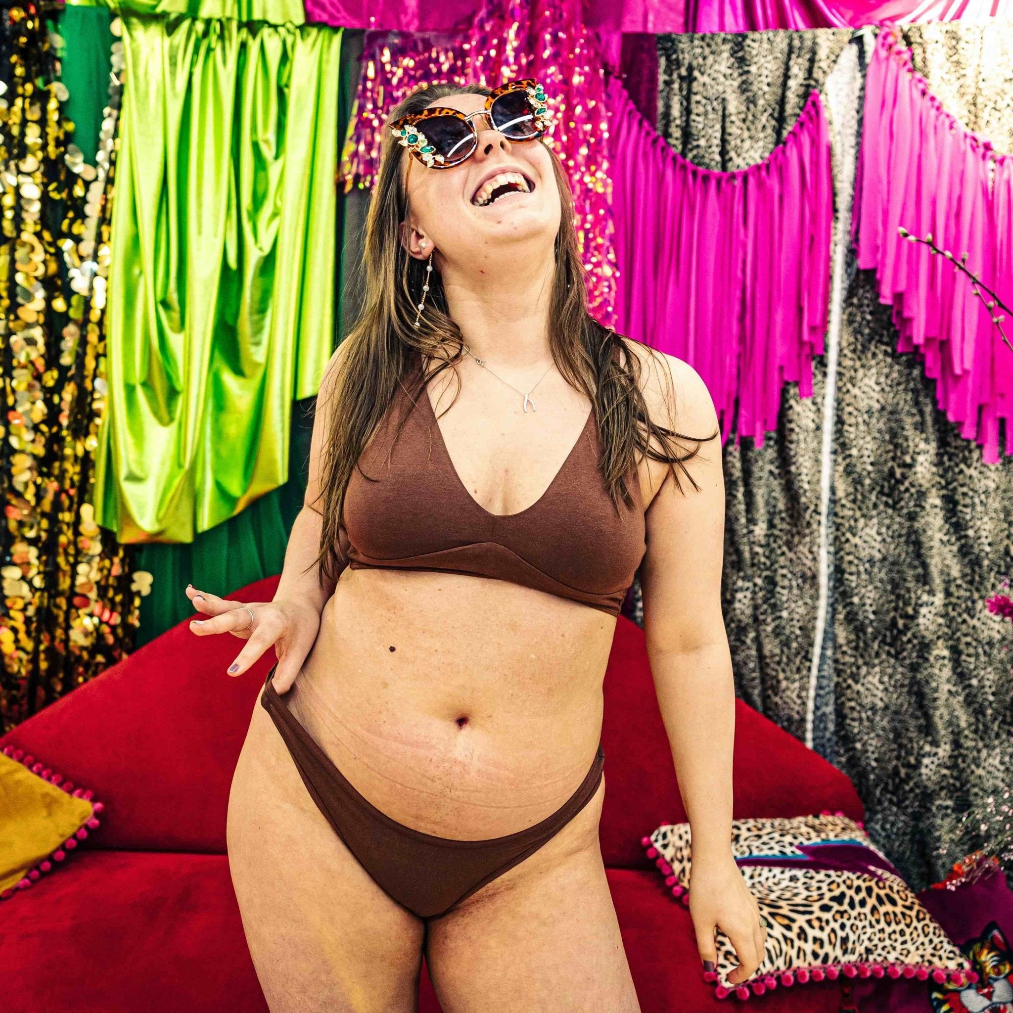 Women's organic cotton matching bralette and thong set - chestnut (mid nude) - Y.O.U underwear