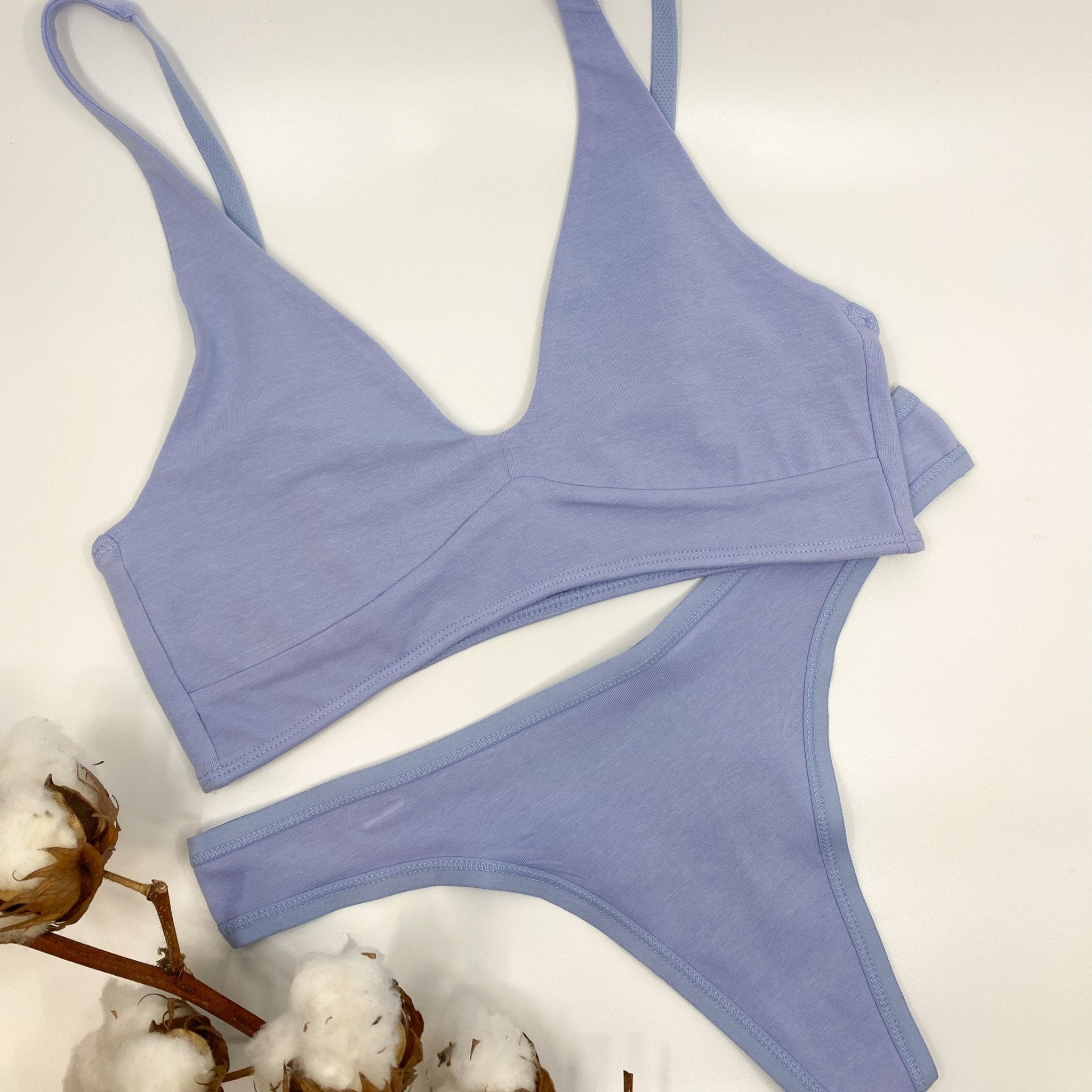 Women's organic cotton matching bralette and thong set in light blue - Y.O.U underwear