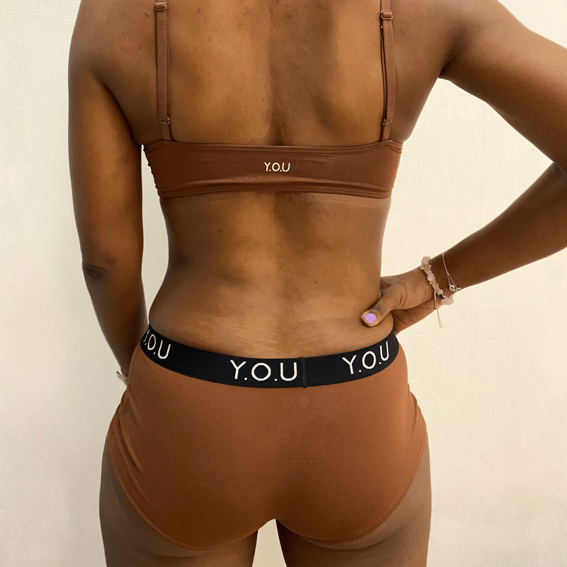 Women's organic cotton matching bralette and Y.O.U boy shorts set - chestnut (mid nude) - Y.O.U underwear